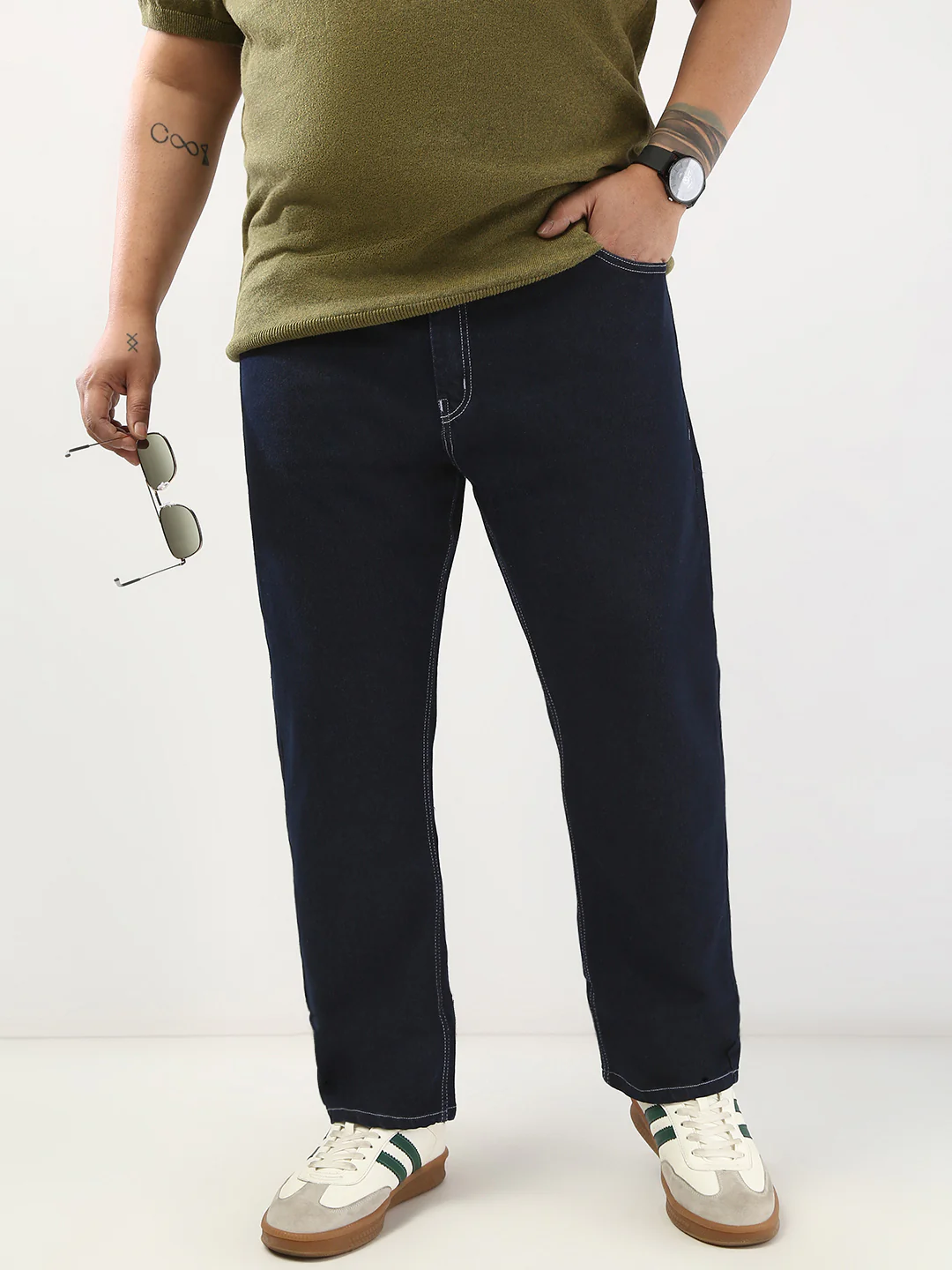 Plus Men's Dark Blue Straight Fit Washed Jeans Stretchable - Image 2