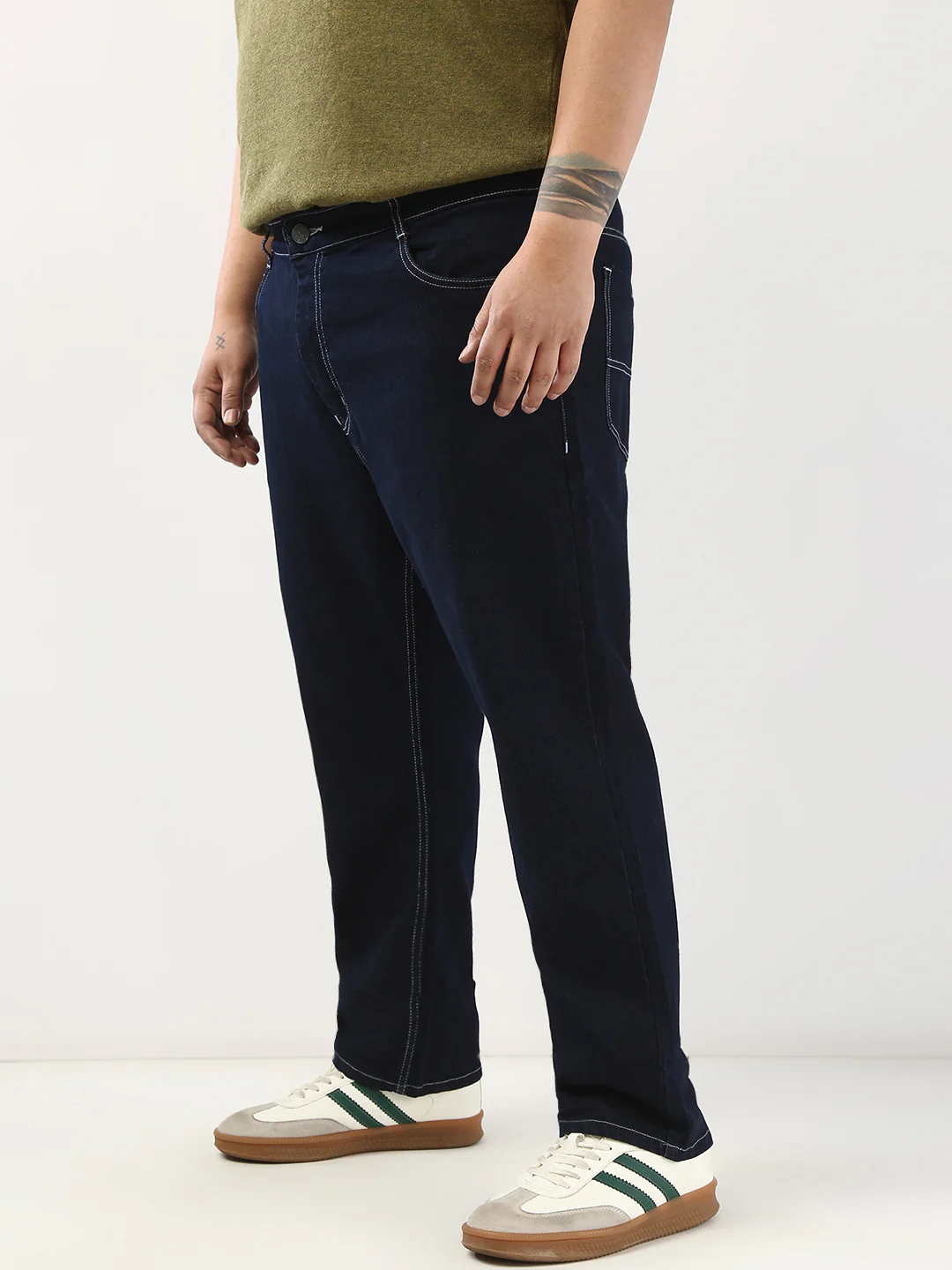 Plus Men's Dark Blue Straight Fit Washed Jeans Stretchable - Image 3