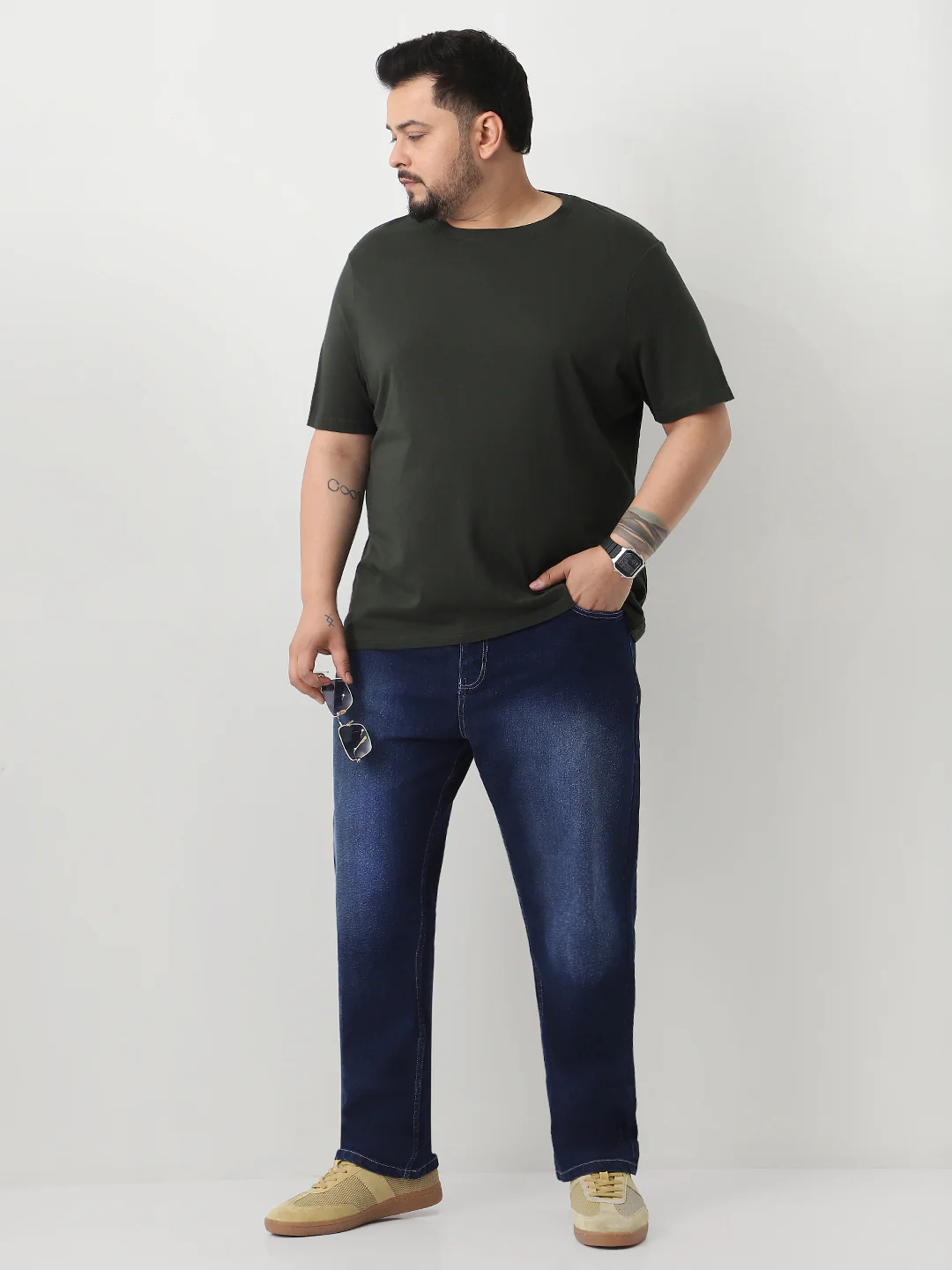 Plus Men's Dark Blue Straight Fit Washed Jeans Stretchable - Image 4