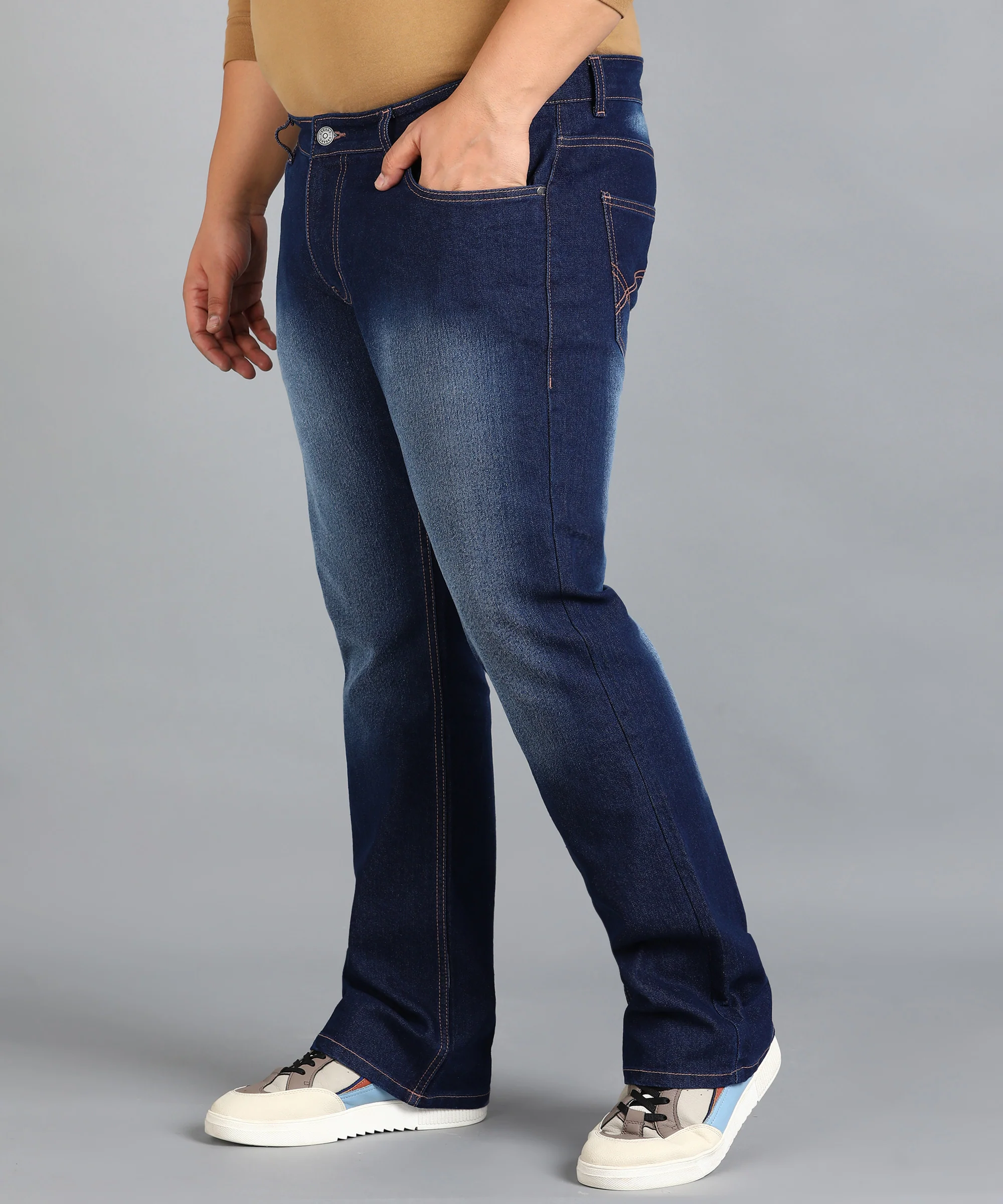 Plus Men's Dark Blue Washed Bootcut Jeans Stretchable - Image 2