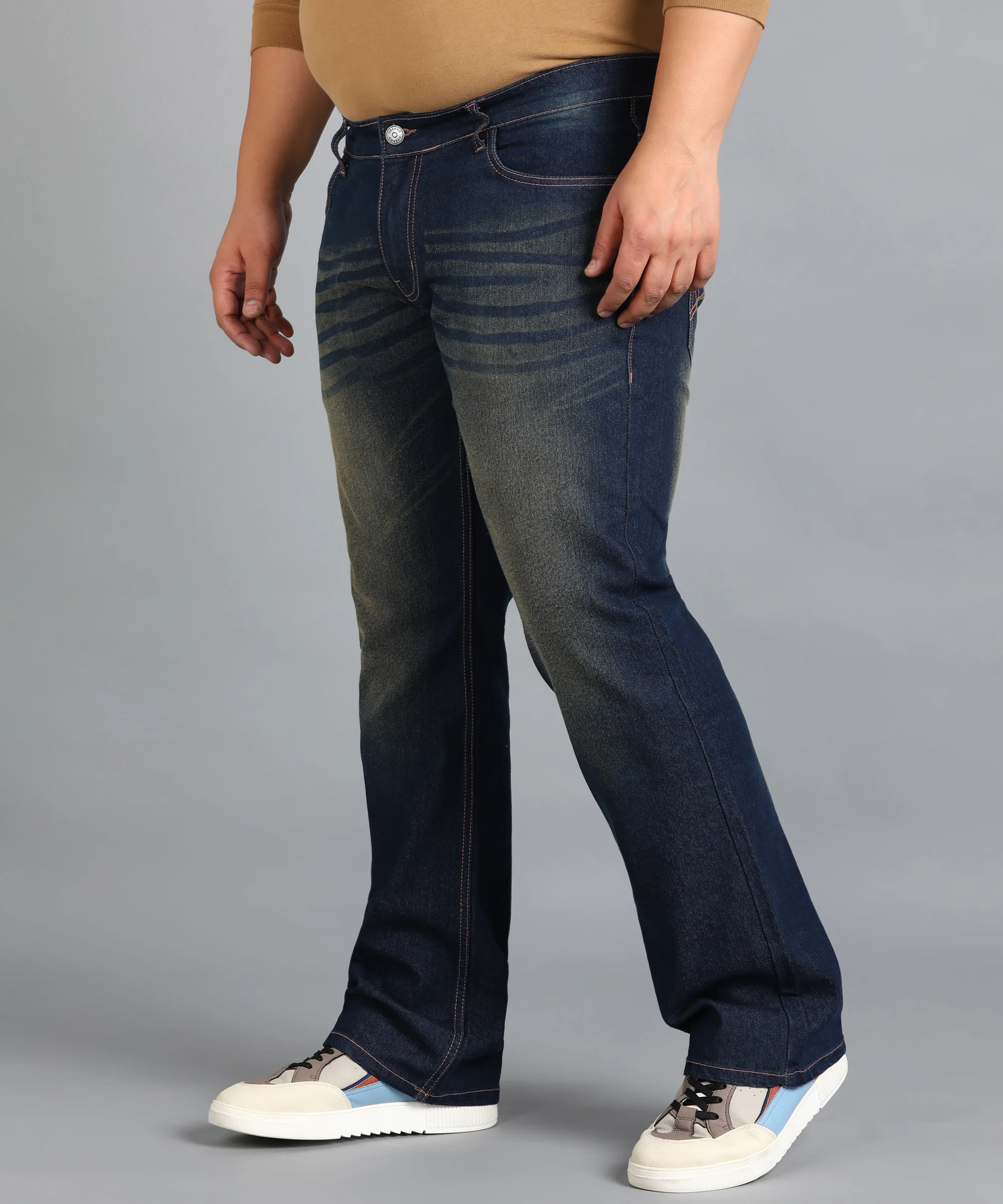 Plus Men's Dark Blue Washed Bootcut Jeans Stretchable - Image 3