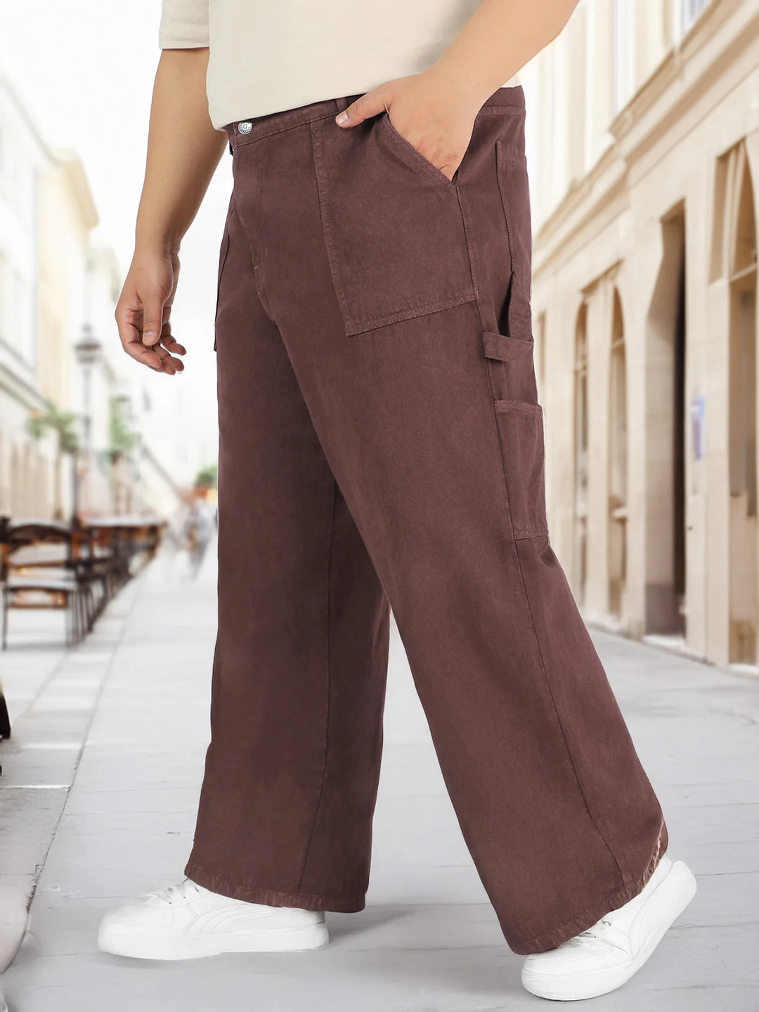 Plus Men's Dark Brown Loose Fit Cargo Carpenter Jeans With 6 Pockets Non-Stretchable