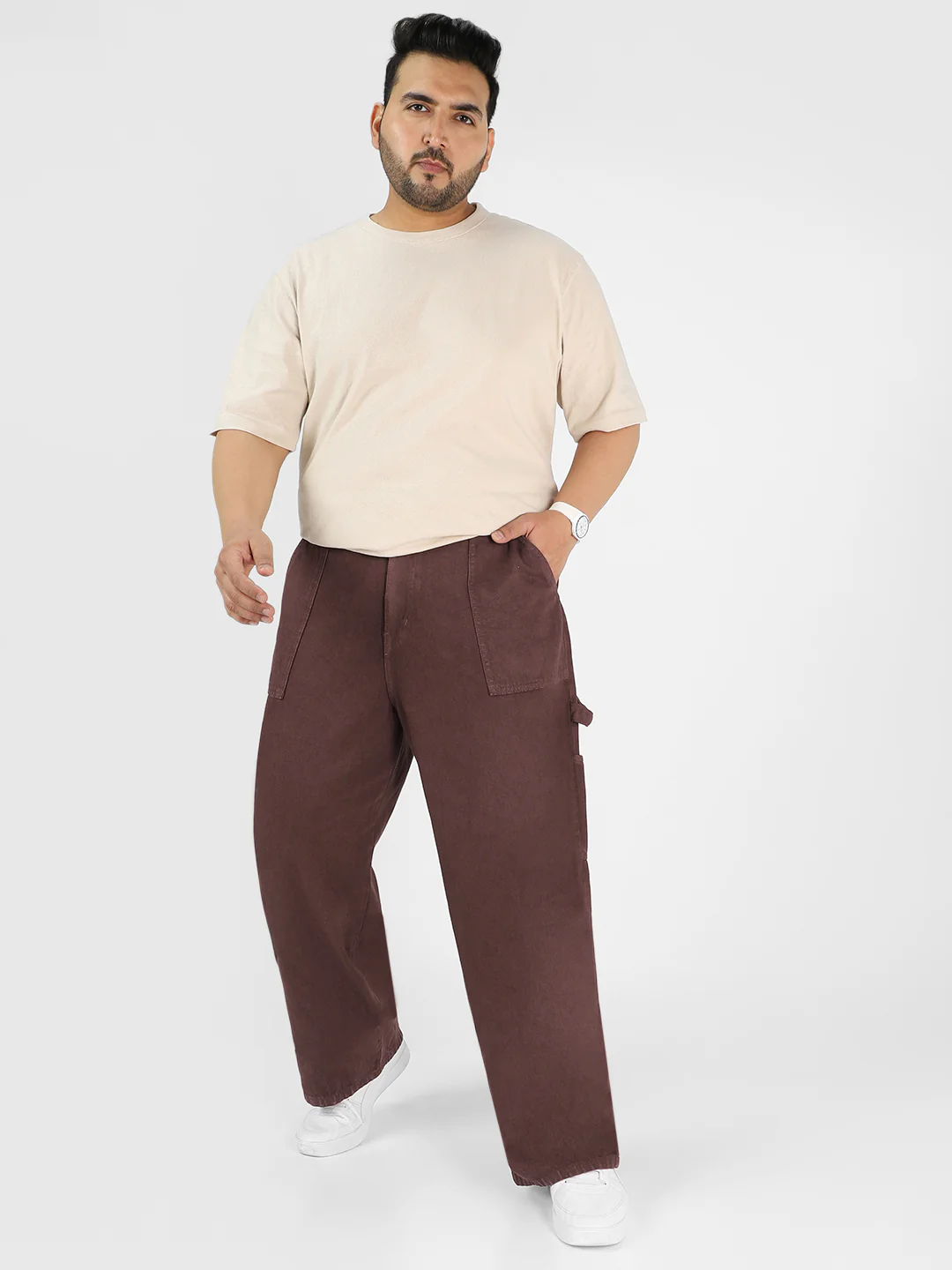 Plus Men's Dark Brown Loose Fit Cargo Carpenter Jeans With 6 Pockets Non-Stretchable - Image 4