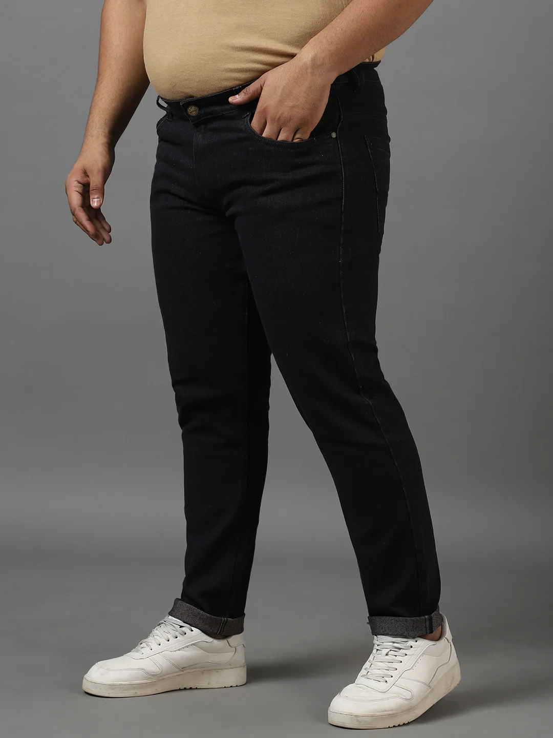 Plus Men's Dark Brown Regular Fit Solid Jeans Stretchable - Image 2
