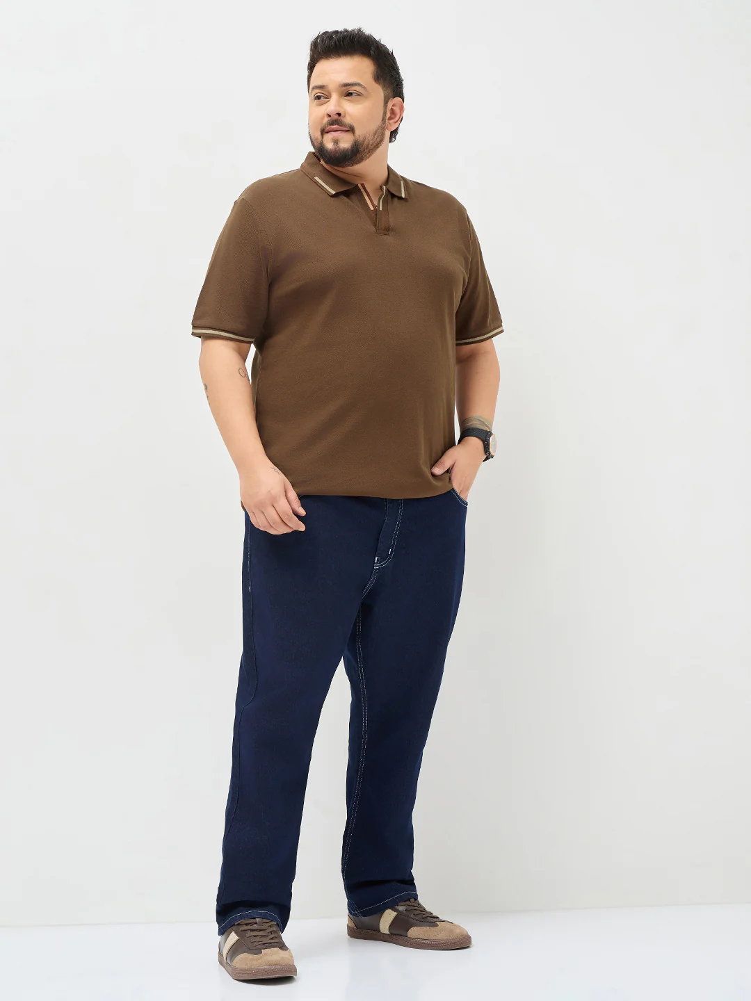 Plus Men's Dark Brown Solid Regular Fit Half Sleeve Cotton Polo T-Shirt - Image 4
