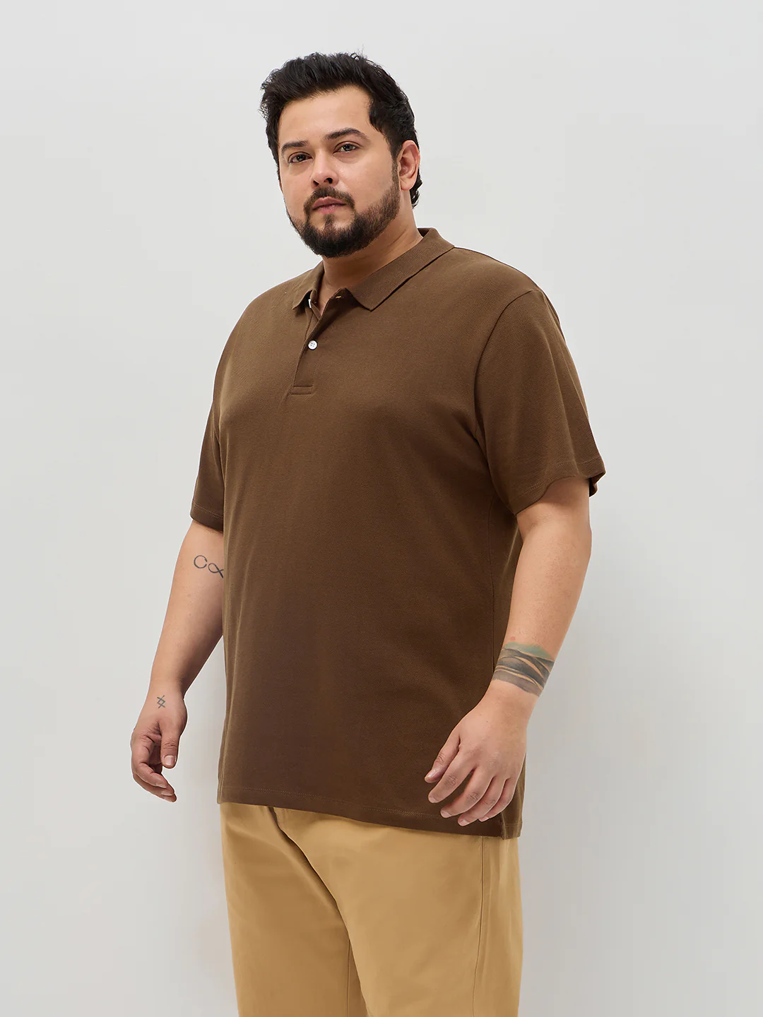 Plus Men's Dark Brown Solid Regular Fit Half Sleeve Cotton Polo T-Shirt - Image 2