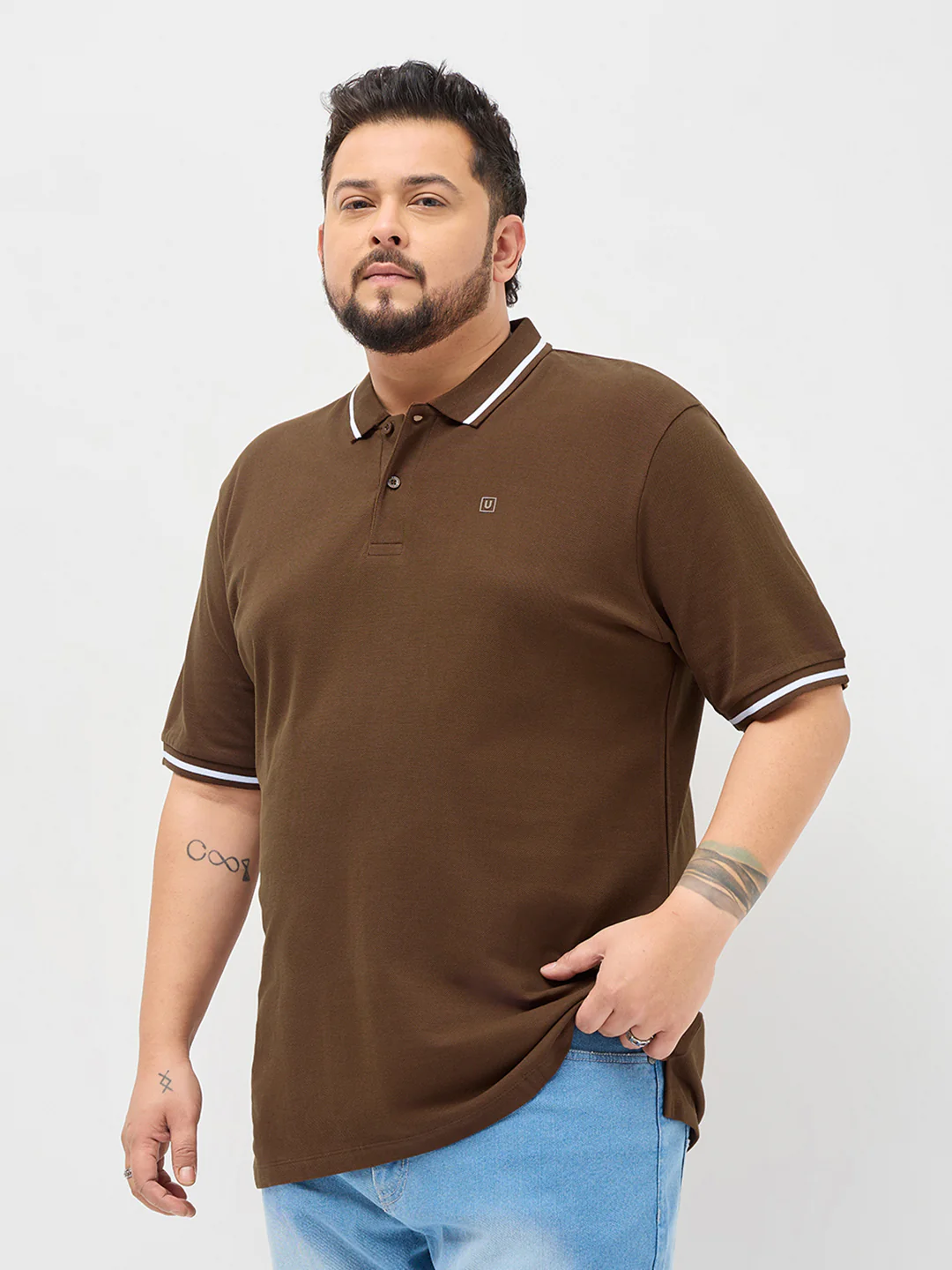 Plus Men's Dark Brown Solid Regular Fit Half Sleeve Cotton Polo T-Shirt - Image 2