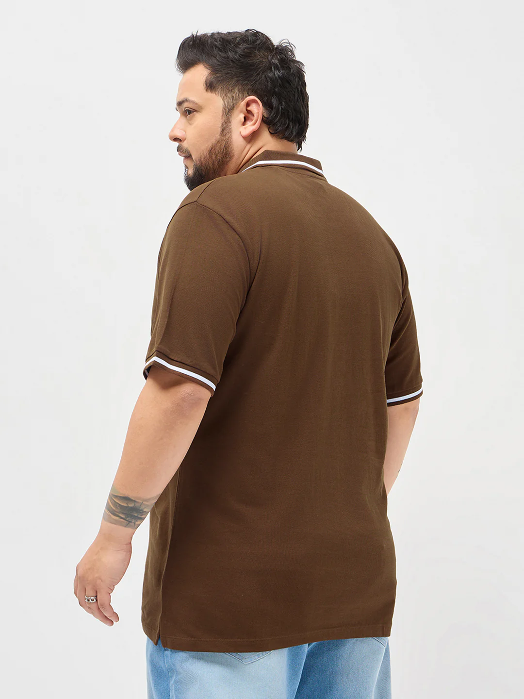 Plus Men's Dark Brown Solid Regular Fit Half Sleeve Cotton Polo T-Shirt - Image 3