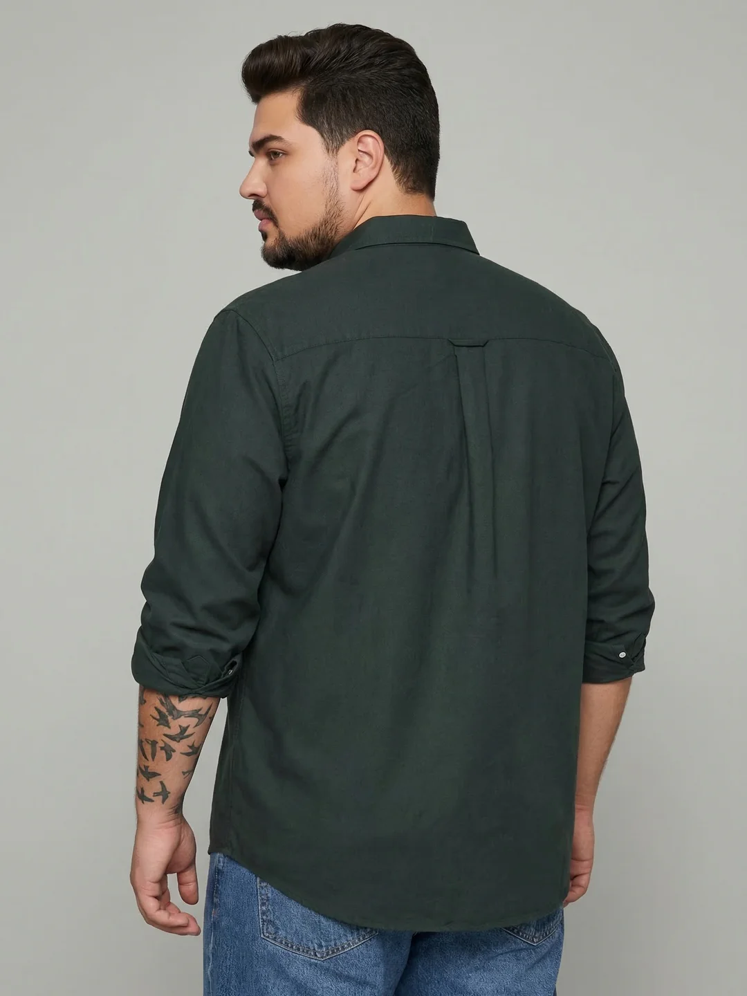 Plus Men's Dark Green Cotton Full Sleeve Regular Fit Solid Oxford Shirt With Button-Down Collar - Image 3