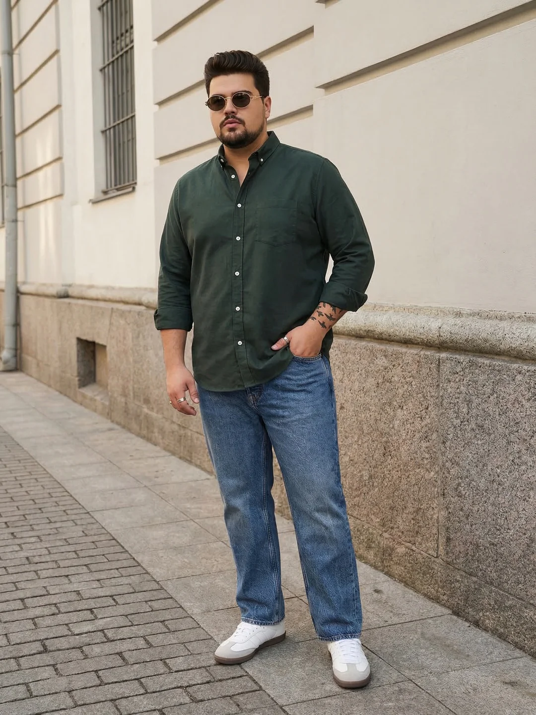 Plus Men's Dark Green Cotton Full Sleeve Regular Fit Solid Oxford Shirt With Button-Down Collar - Image 4
