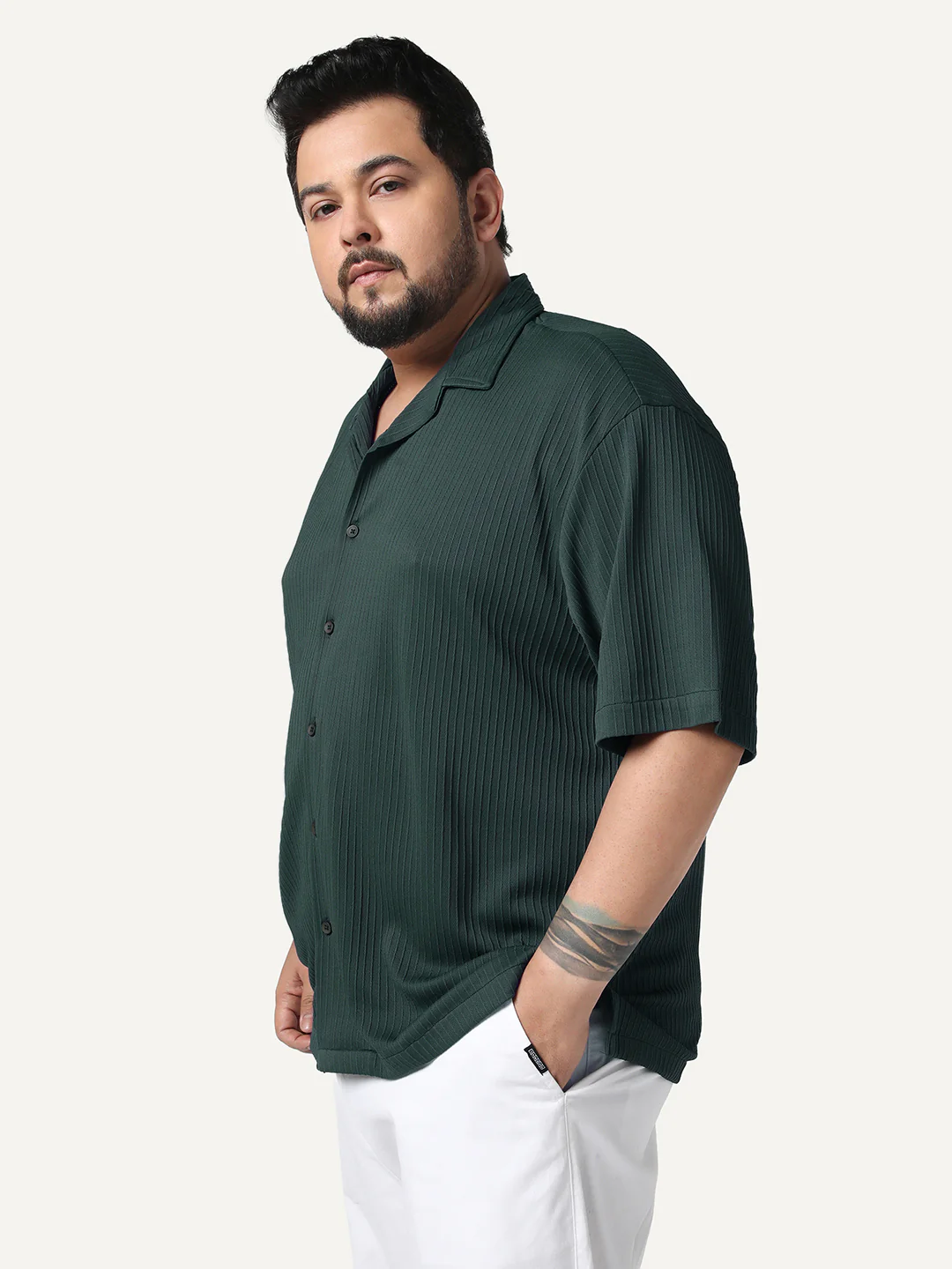 Plus Men's Dark Green Cotton Half Sleeve Oversized Fit Textured Shirt with Cuban Collar - Image 2