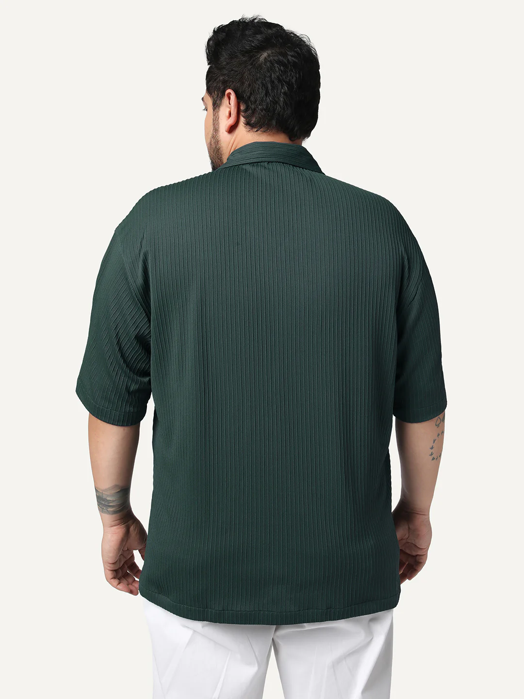 Plus Men's Dark Green Cotton Half Sleeve Oversized Fit Textured Shirt with Cuban Collar - Image 3