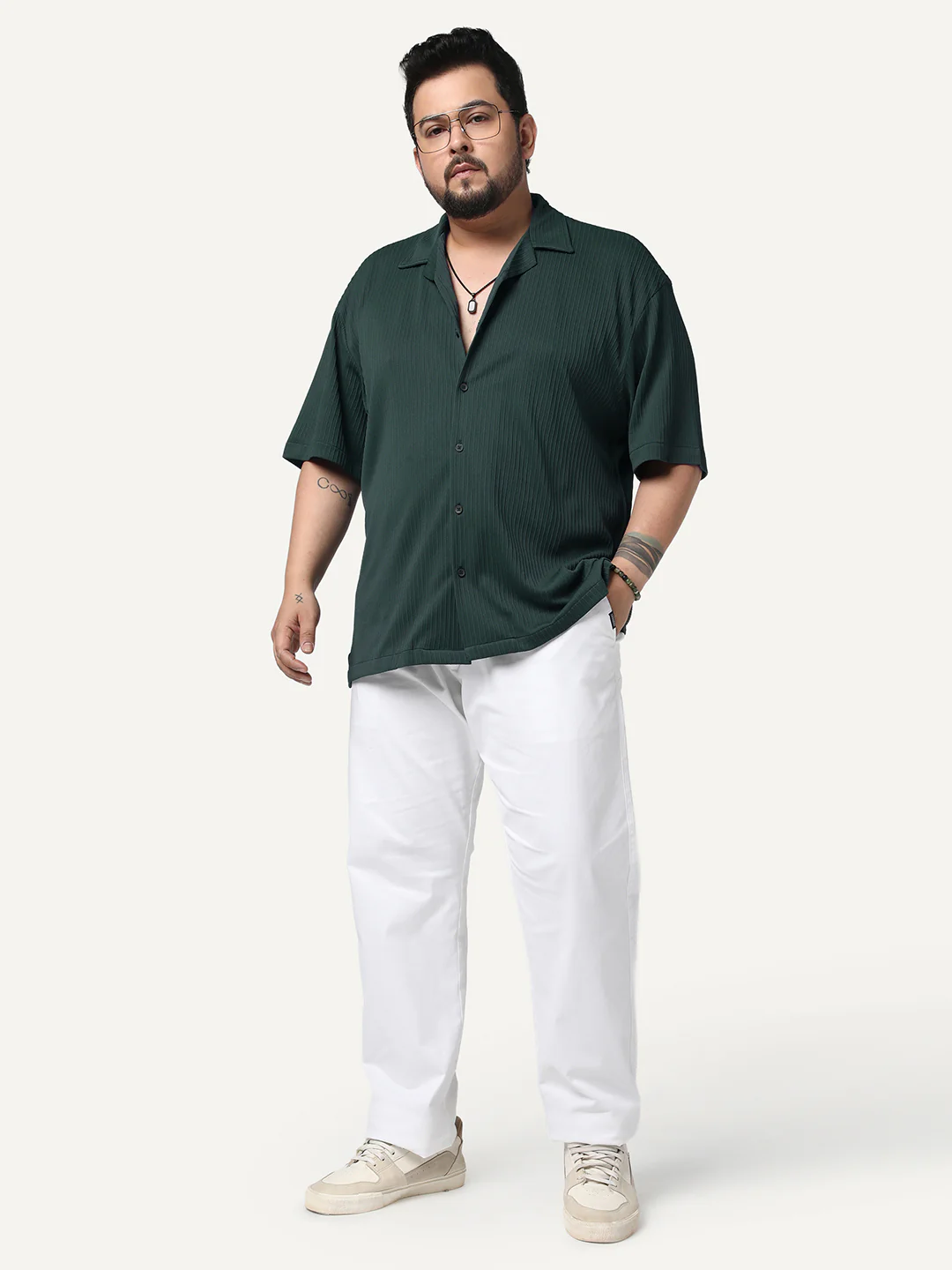 Plus Men's Dark Green Cotton Half Sleeve Oversized Fit Textured Shirt with Cuban Collar - Image 4