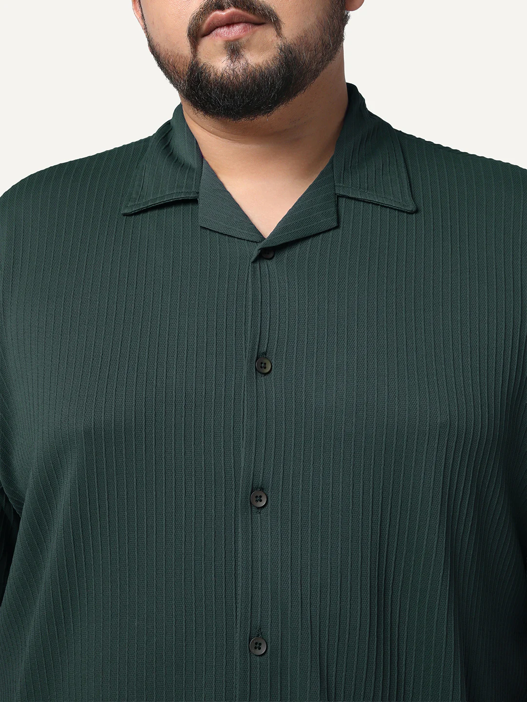 Plus Men's Dark Green Cotton Half Sleeve Oversized Fit Textured Shirt with Cuban Collar - Image 5