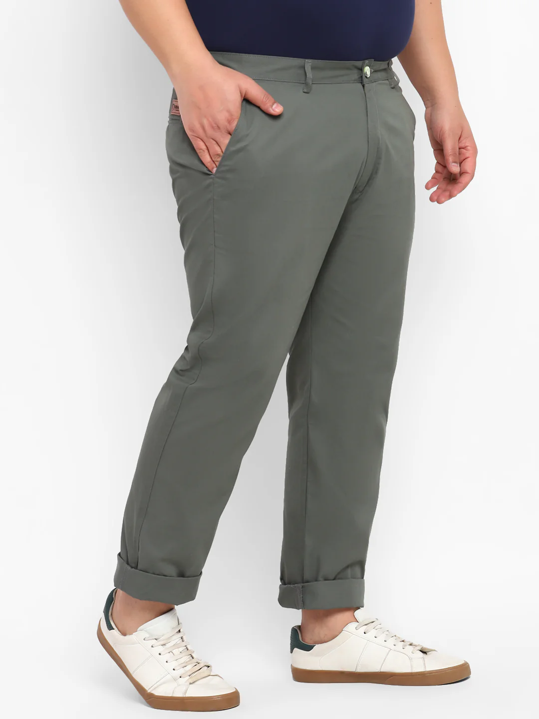 Plus Men's Dark Green Cotton Regular Fit Casual Chinos Trousers - Image 2