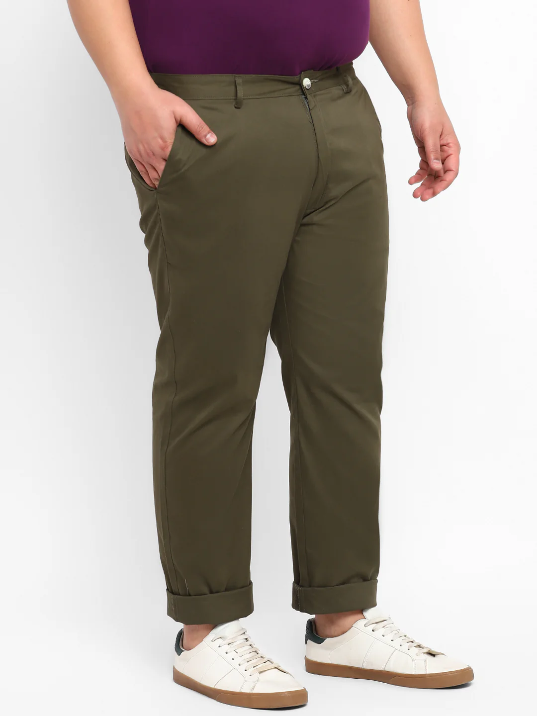 Plus Men's Dark Green Cotton Regular Fit Casual Chinos Trousers - Image 2