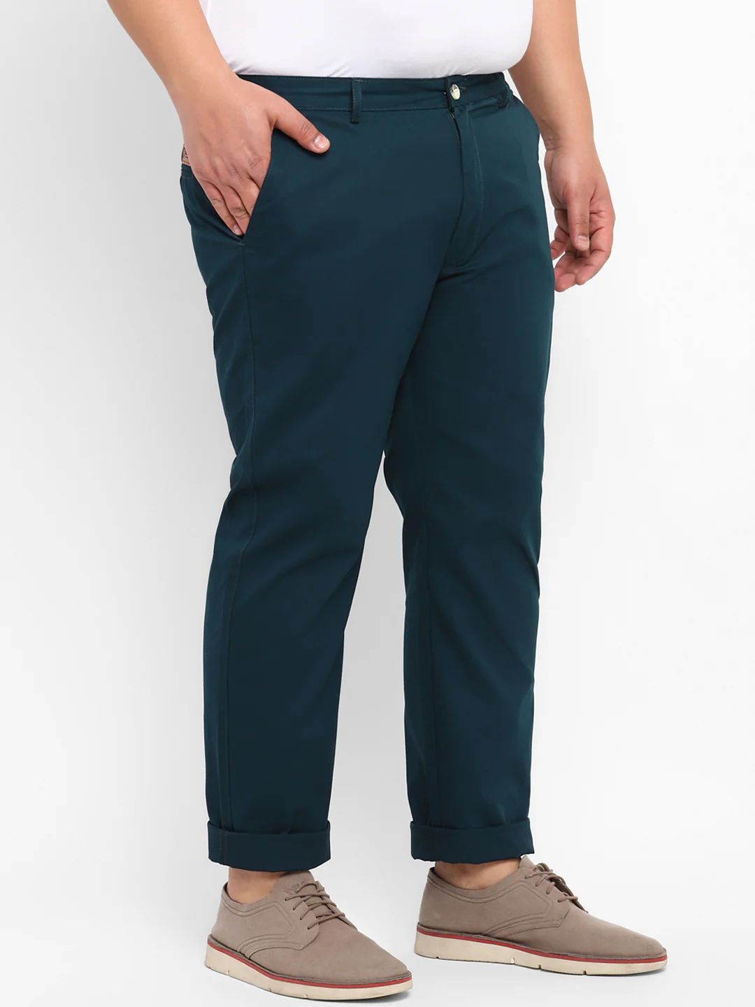 Plus Men's Dark Green Cotton Regular Fit Casual Chinos Trousers - Image 2
