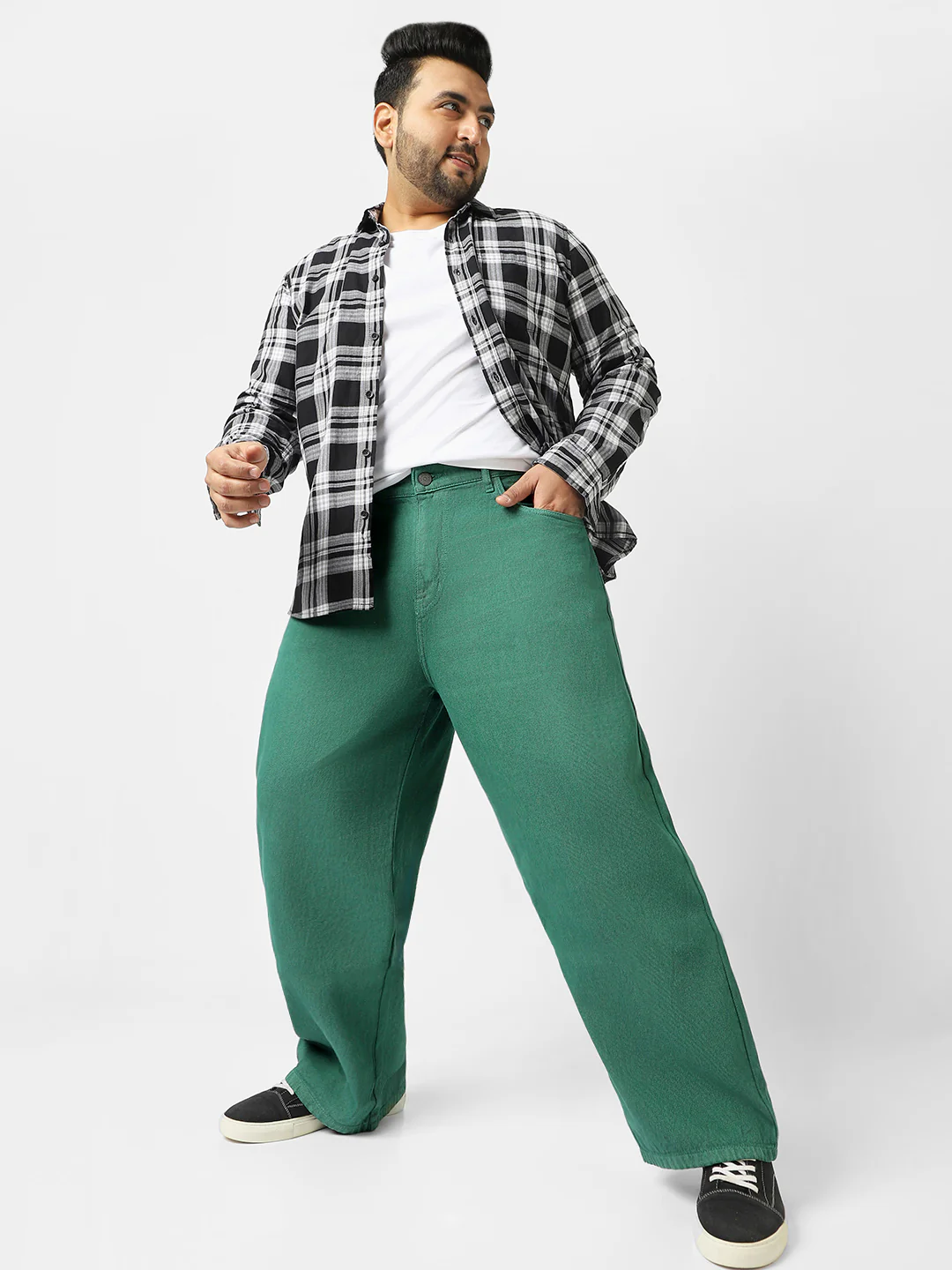 Plus Men's Dark Green Loose Baggy Fit Washed Jeans Non-Stretchable - Image 4