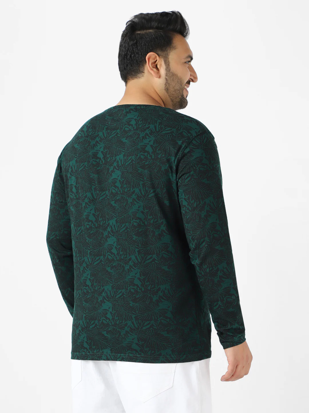 Plus Men's Dark Green Printed Full Sleeve Regular Fit Cotton T-Shirt - Image 3