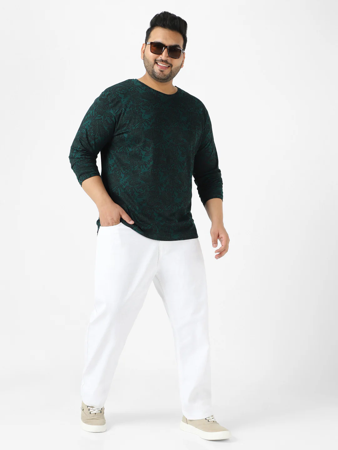 Plus Men's Dark Green Printed Full Sleeve Regular Fit Cotton T-Shirt - Image 4