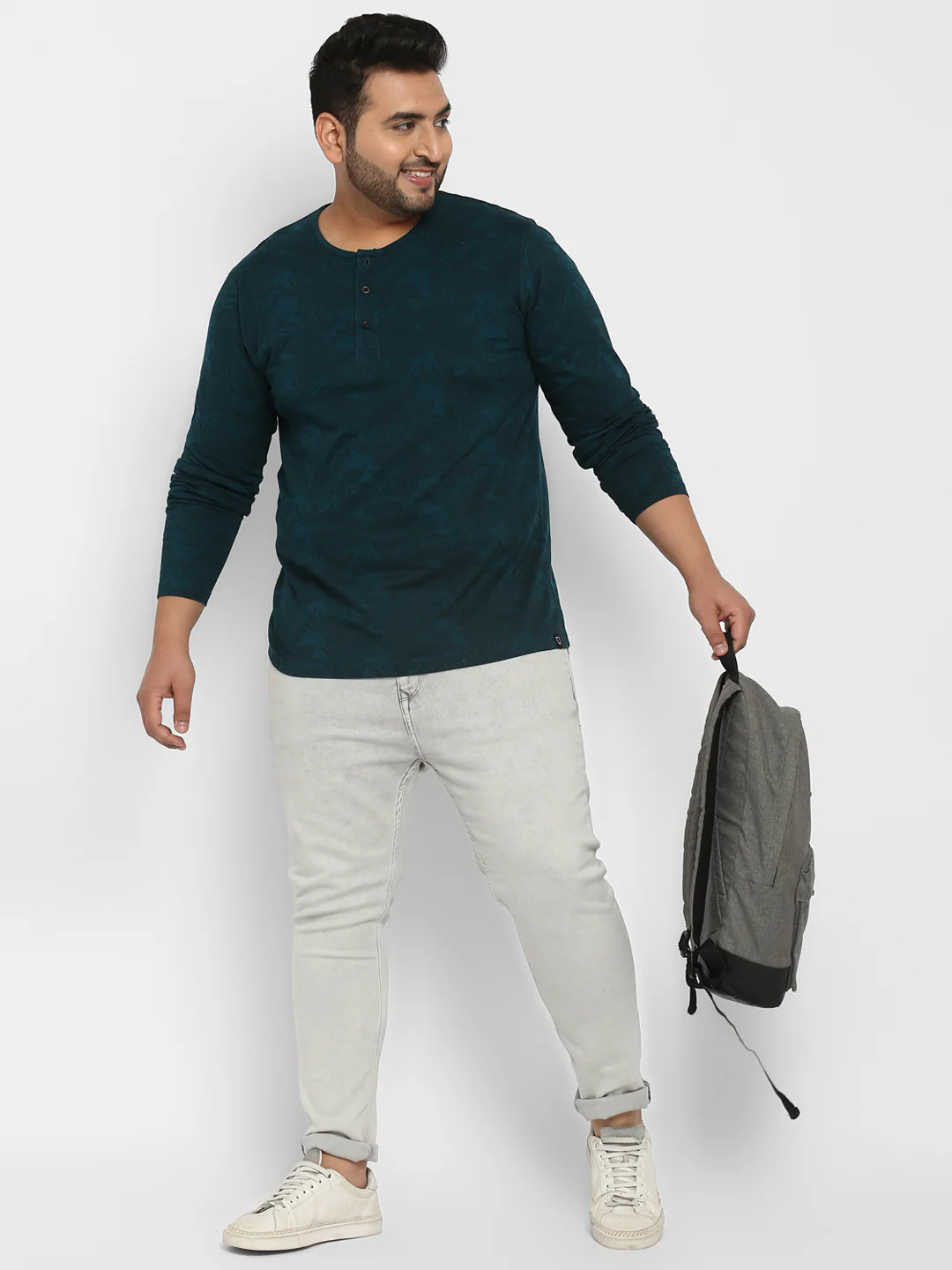 Plus Men's Dark Green Printed Regular Fit Henley Neck Full Sleeve Cotton T-Shirt - Image 2