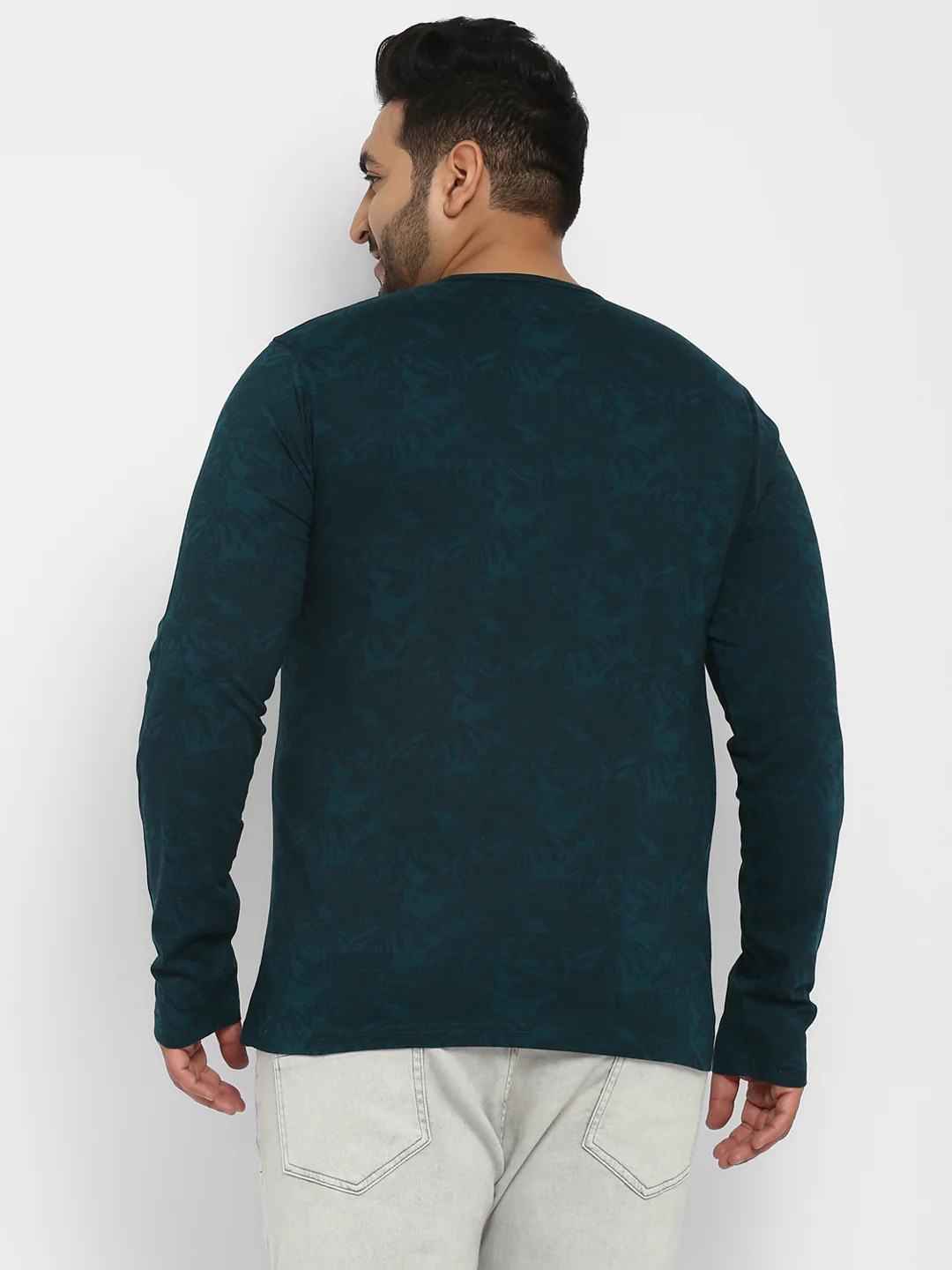Plus Men's Dark Green Printed Regular Fit Henley Neck Full Sleeve Cotton T-Shirt - Image 3
