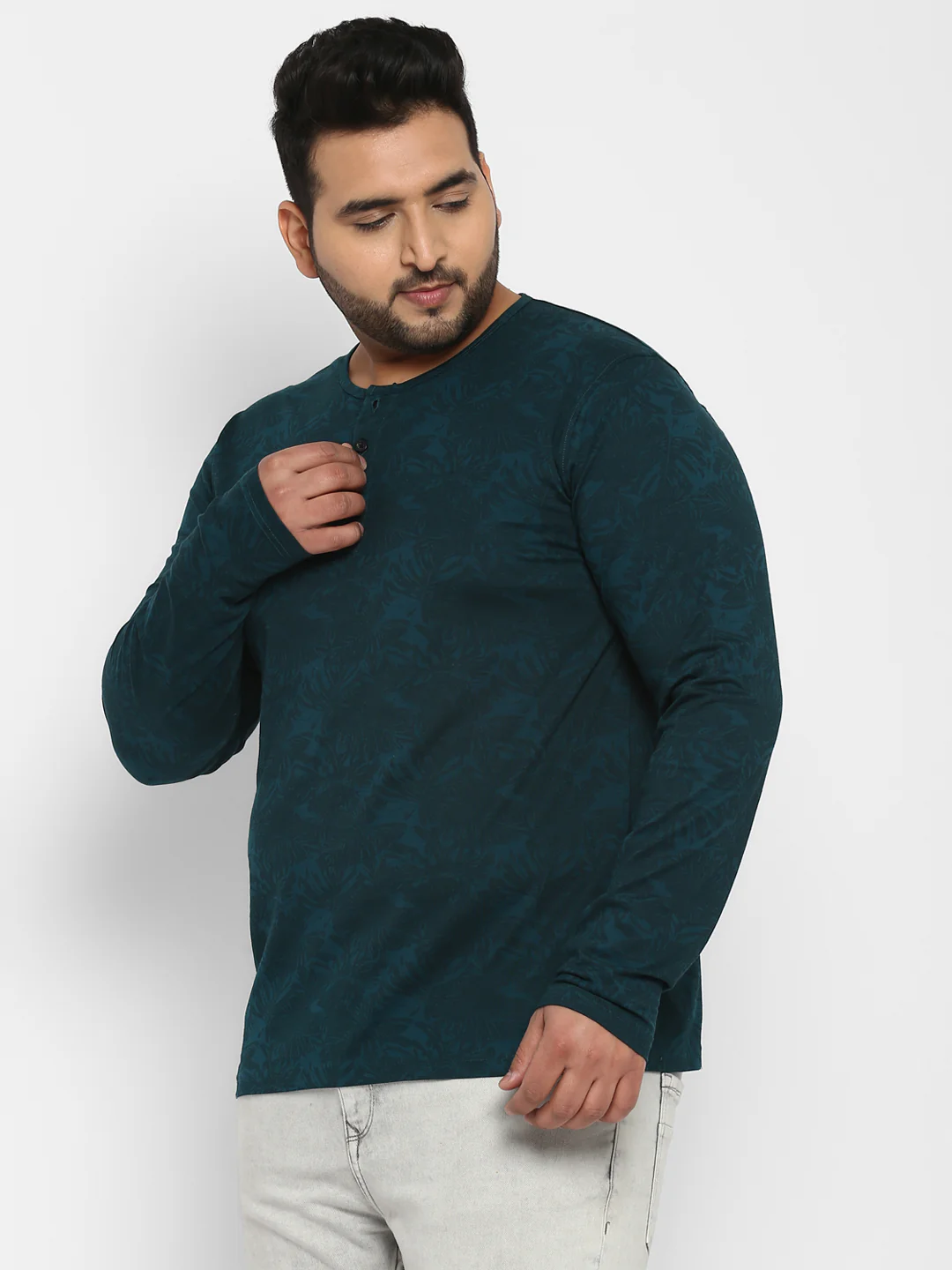 Plus Men's Dark Green Printed Regular Fit Henley Neck Full Sleeve Cotton T-Shirt - Image 4
