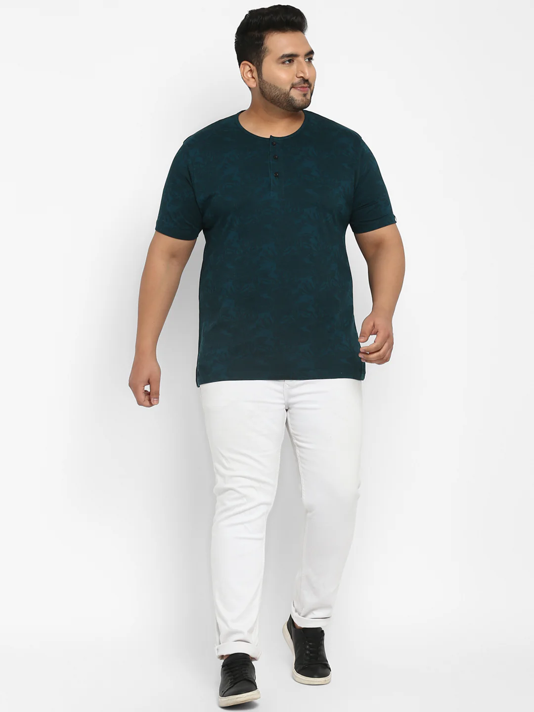 Plus Men's Dark Green Printed Regular Fit Henley Neck Half Sleeve Cotton T-Shirt - Image 3