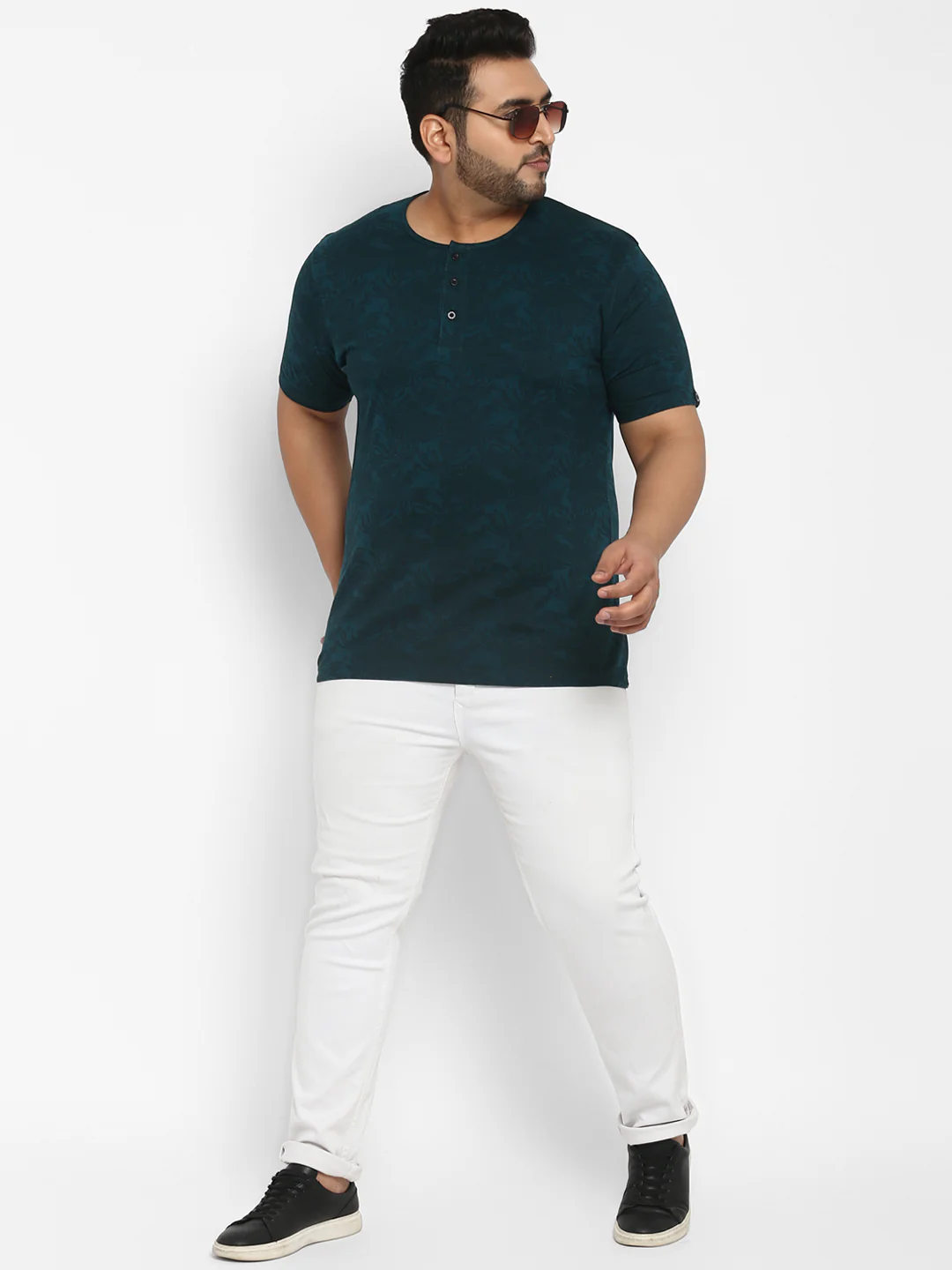 Plus Men's Dark Green Printed Regular Fit Henley Neck Half Sleeve Cotton T-Shirt - Image 4