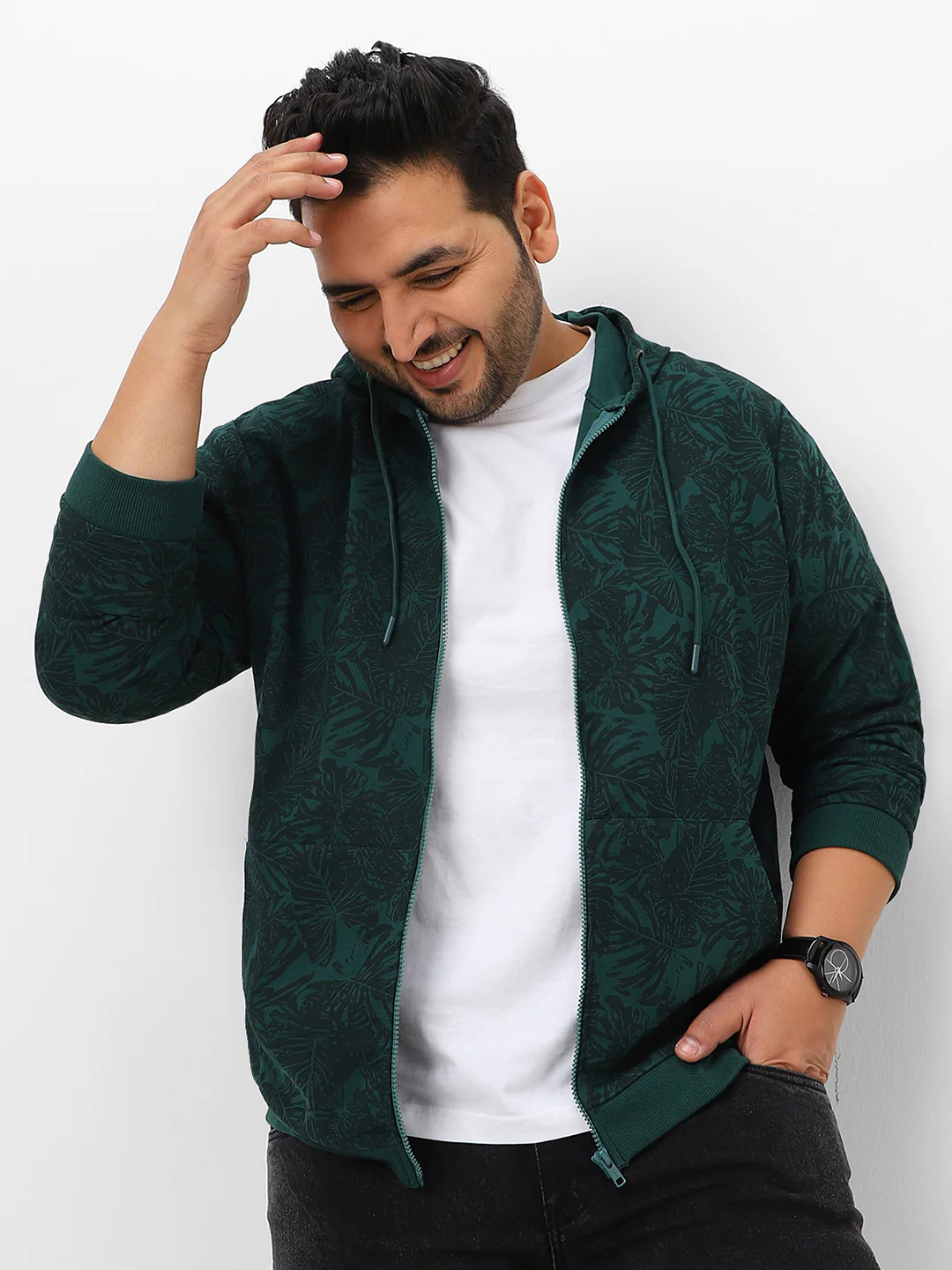 Plus Men's Dark Green Regular Fit Printed Full Sleeve Casual Winterwear Hooded Sweatshirt - Image 2