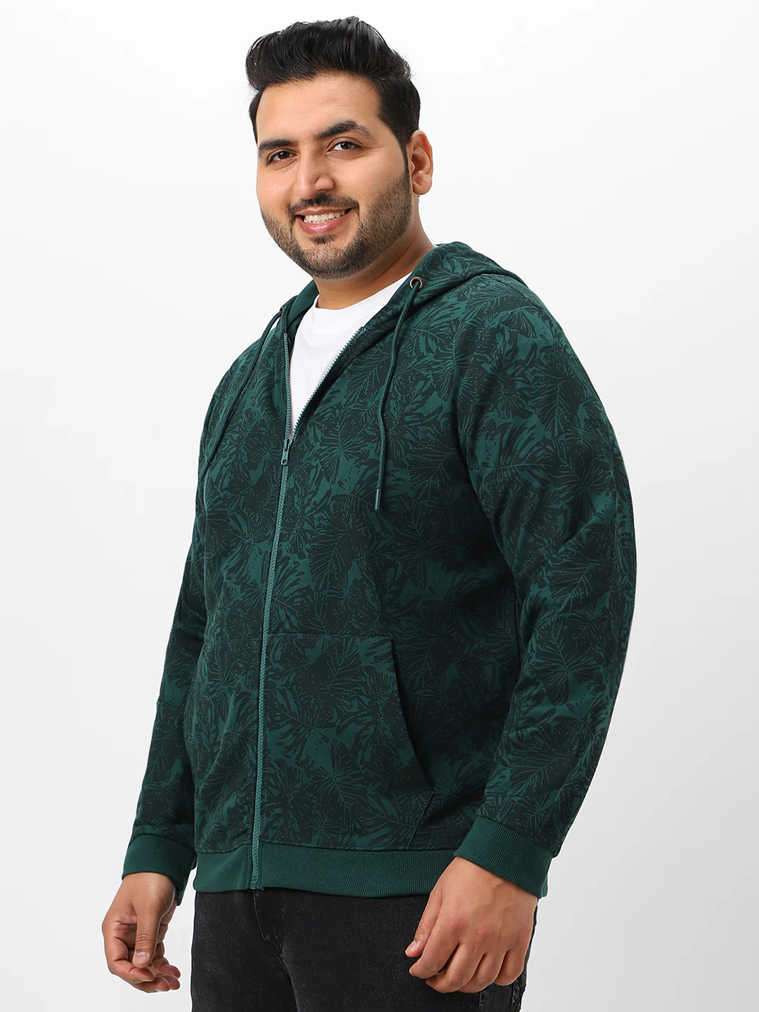 Plus Men's Dark Green Regular Fit Printed Full Sleeve Casual Winterwear Hooded Sweatshirt - Image 3