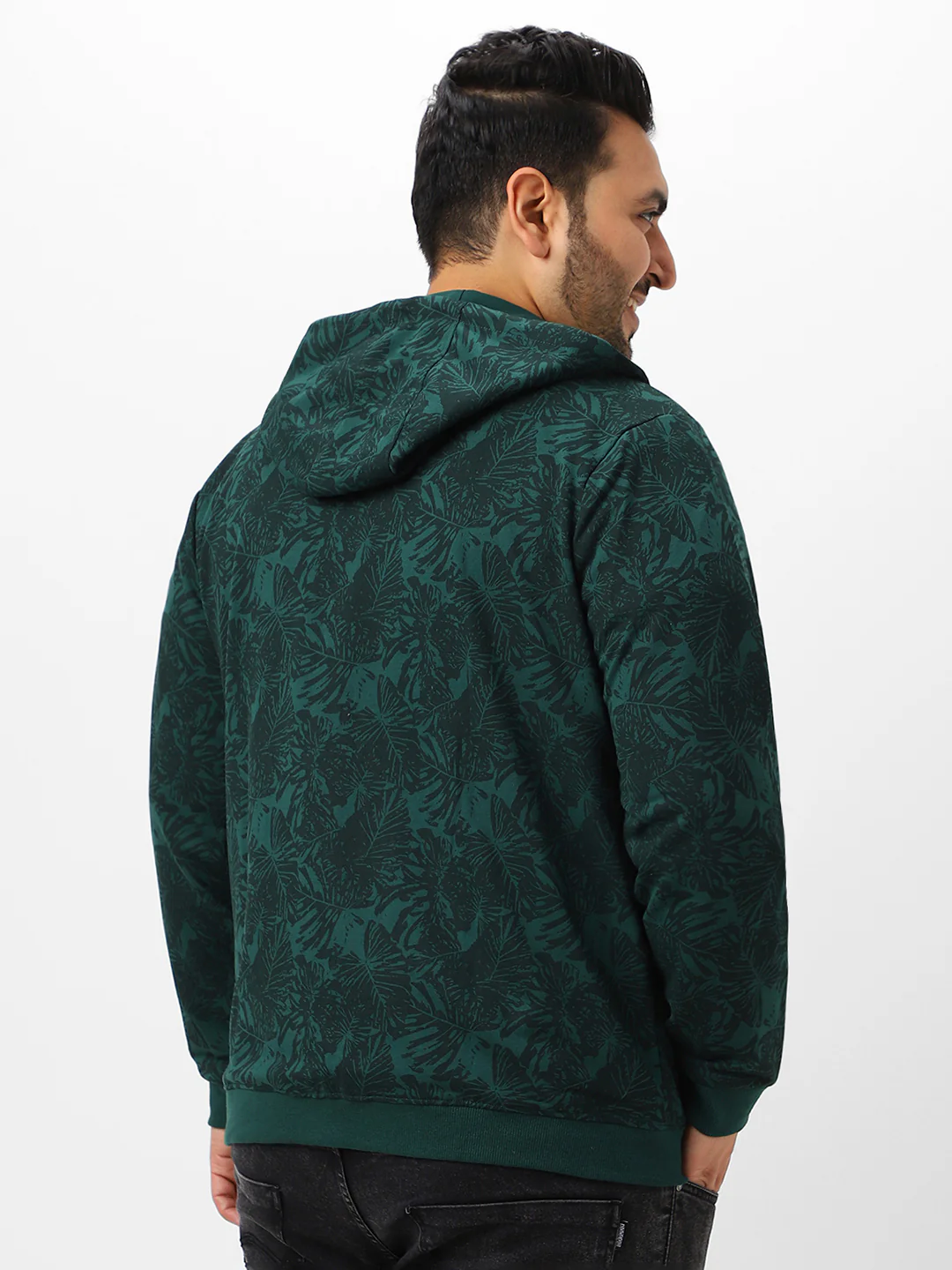 Plus Men's Dark Green Regular Fit Printed Full Sleeve Casual Winterwear Hooded Sweatshirt - Image 4