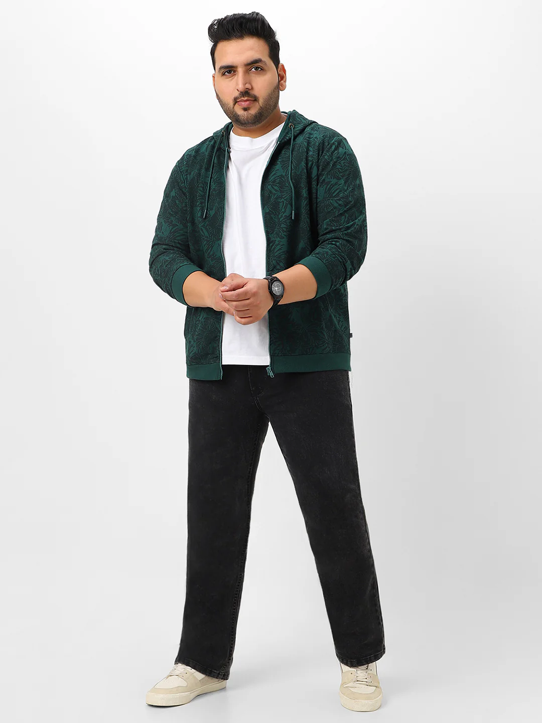 Plus Men's Dark Green Regular Fit Printed Full Sleeve Casual Winterwear Hooded Sweatshirt - Image 5