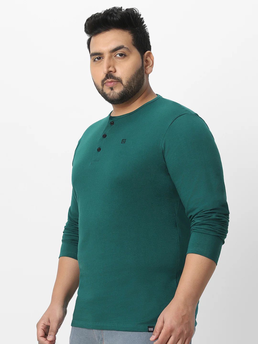 Plus Men's Dark Green Solid Henley Neck Regular Fit Full Sleeve Cotton T-Shirt - Image 3
