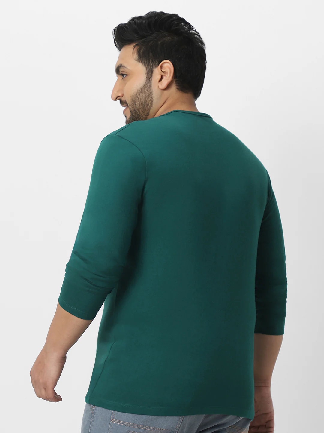 Plus Men's Dark Green Solid Henley Neck Regular Fit Full Sleeve Cotton T-Shirt - Image 4