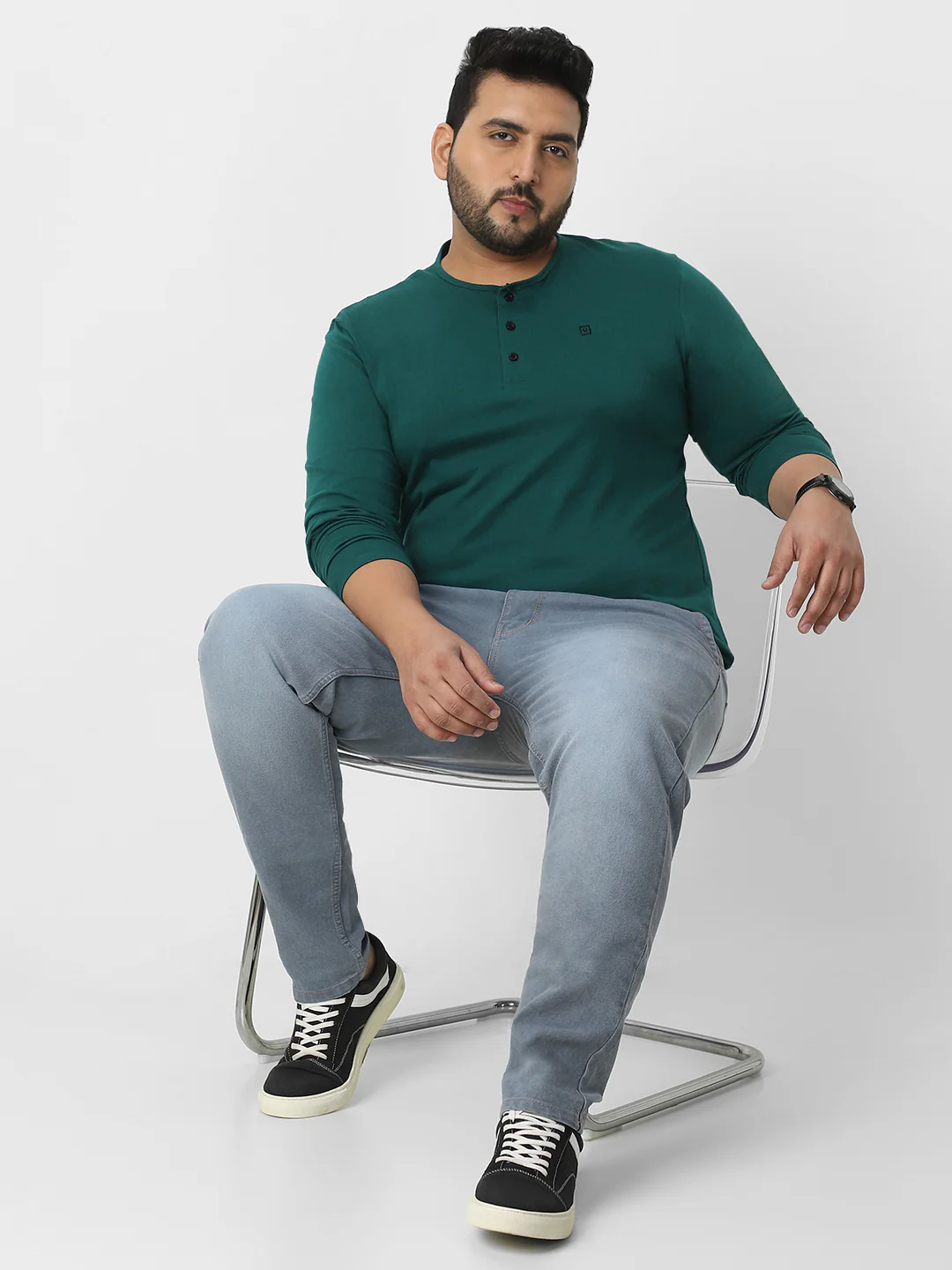 Plus Men's Dark Green Solid Henley Neck Regular Fit Full Sleeve Cotton T-Shirt - Image 5
