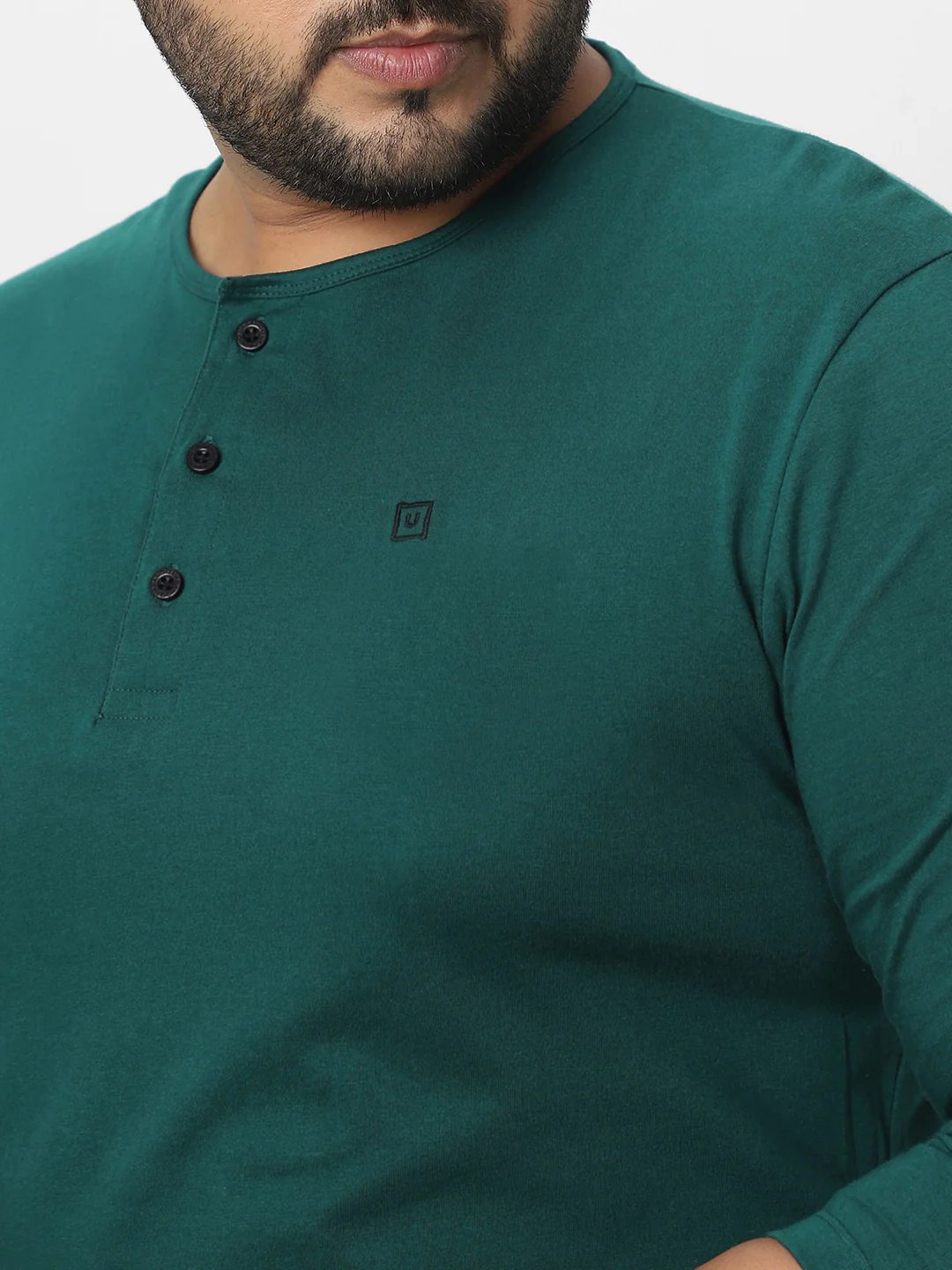 Plus Men's Dark Green Solid Henley Neck Regular Fit Full Sleeve Cotton T-Shirt - Image 6