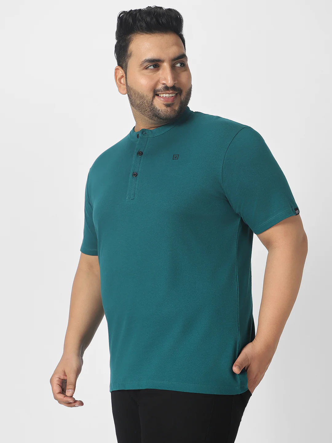 Plus Men's Dark Green Solid Mandarin Collar Regular Fit Cotton T-Shirt - Image 3