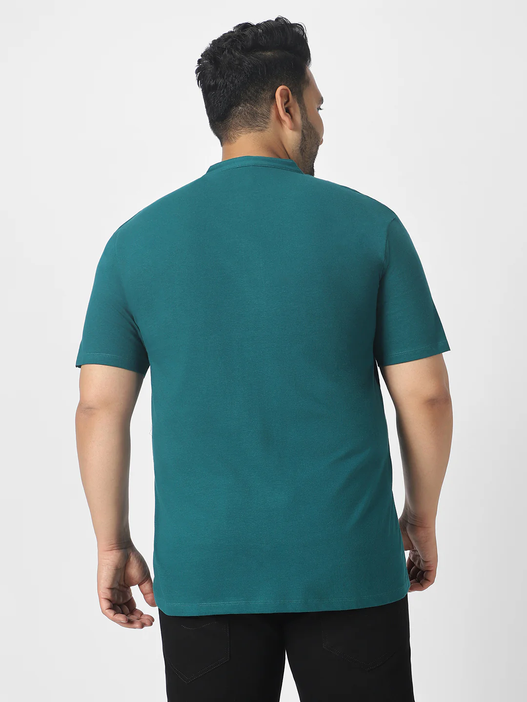 Plus Men's Dark Green Solid Mandarin Collar Regular Fit Cotton T-Shirt - Image 4