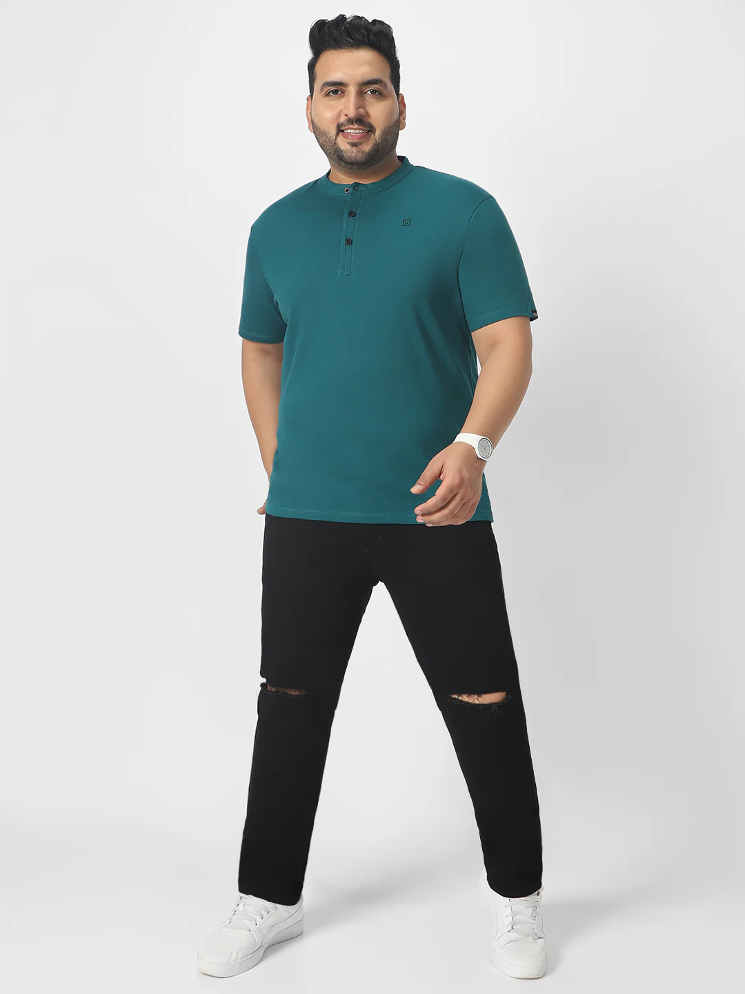 Plus Men's Dark Green Solid Mandarin Collar Regular Fit Cotton T-Shirt - Image 5
