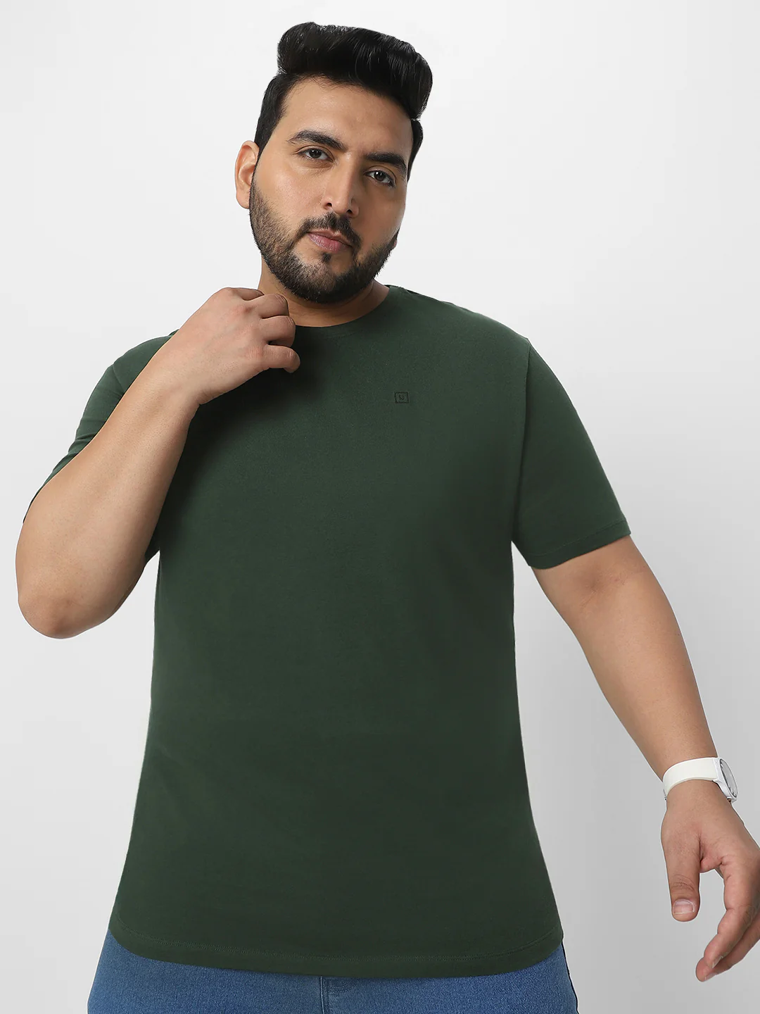 Plus Men's Dark Green Solid Regular Fit Round Neck Cotton T-Shirt - Image 2
