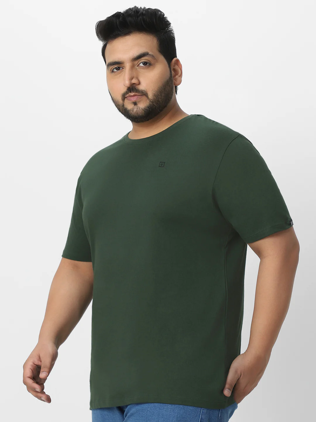 Plus Men's Dark Green Solid Regular Fit Round Neck Cotton T-Shirt - Image 3