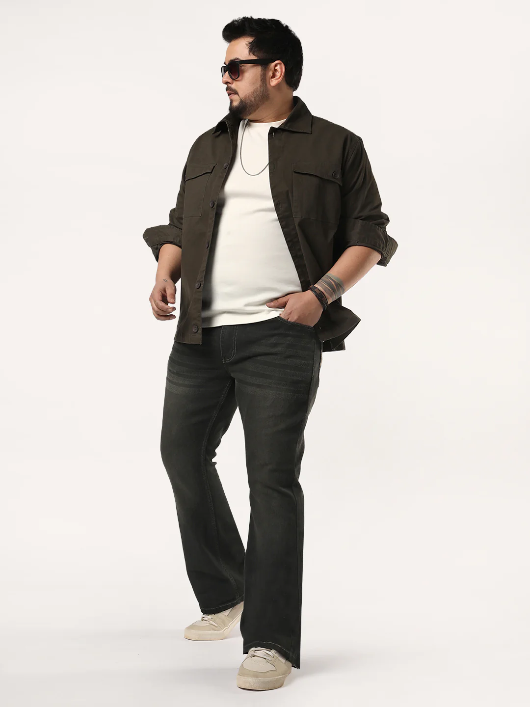 Plus Men's Dark Grey Bootcut Fit Mid Rise Heavy Washed Jeans Stretchable - Image 4
