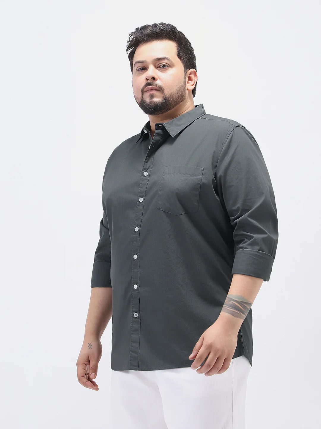 Plus Men's Dark Grey Cotton Full Sleeve Regular Fit Casual Solid Shirt - Image 2