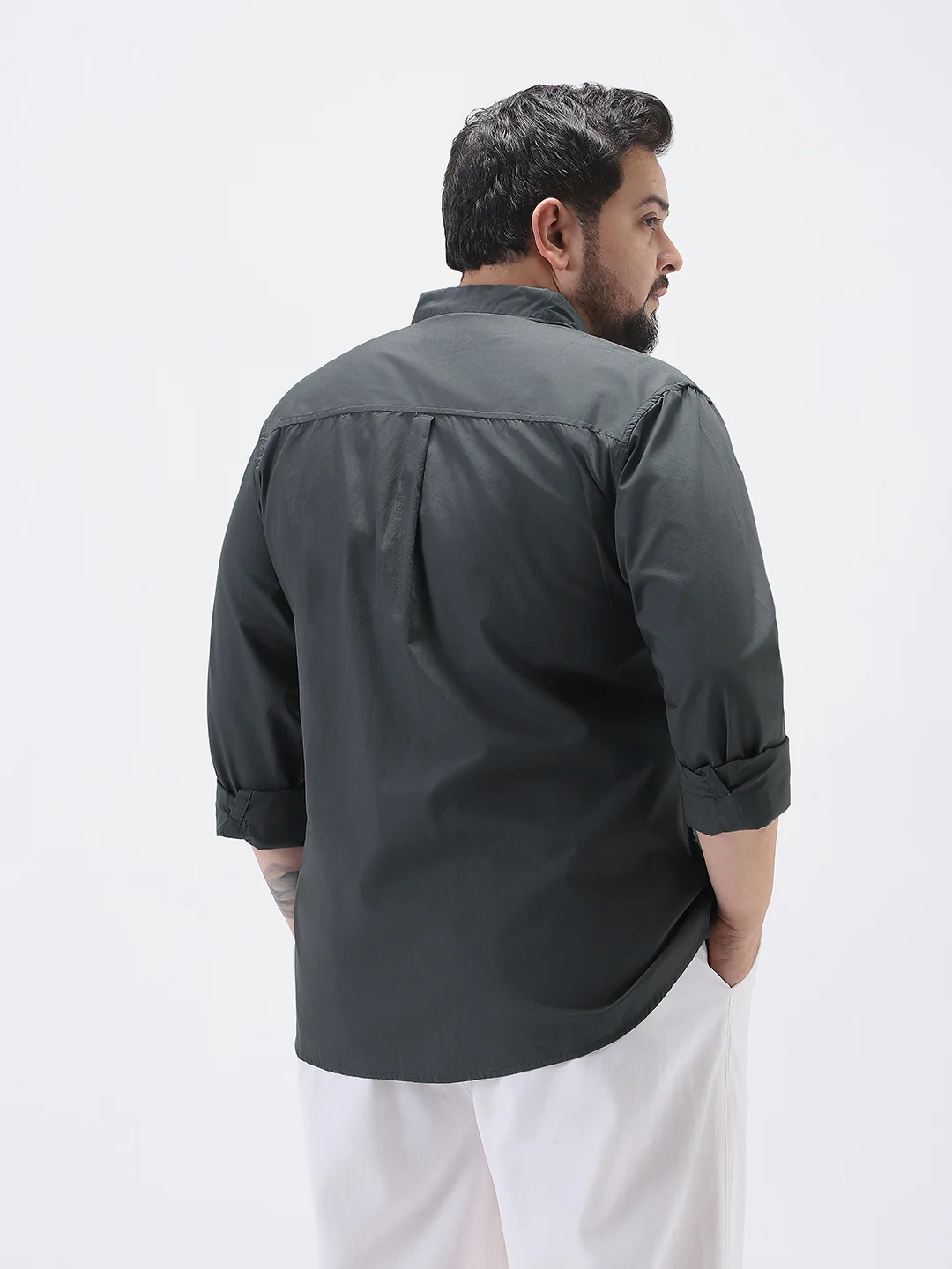 Plus Men's Dark Grey Cotton Full Sleeve Regular Fit Casual Solid Shirt - Image 3