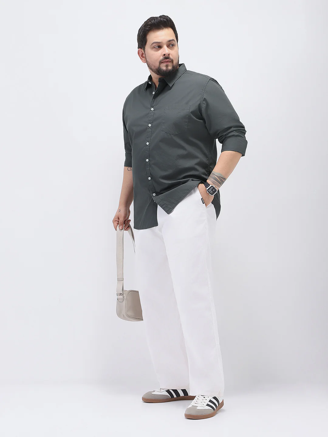 Plus Men's Dark Grey Cotton Full Sleeve Regular Fit Casual Solid Shirt - Image 4