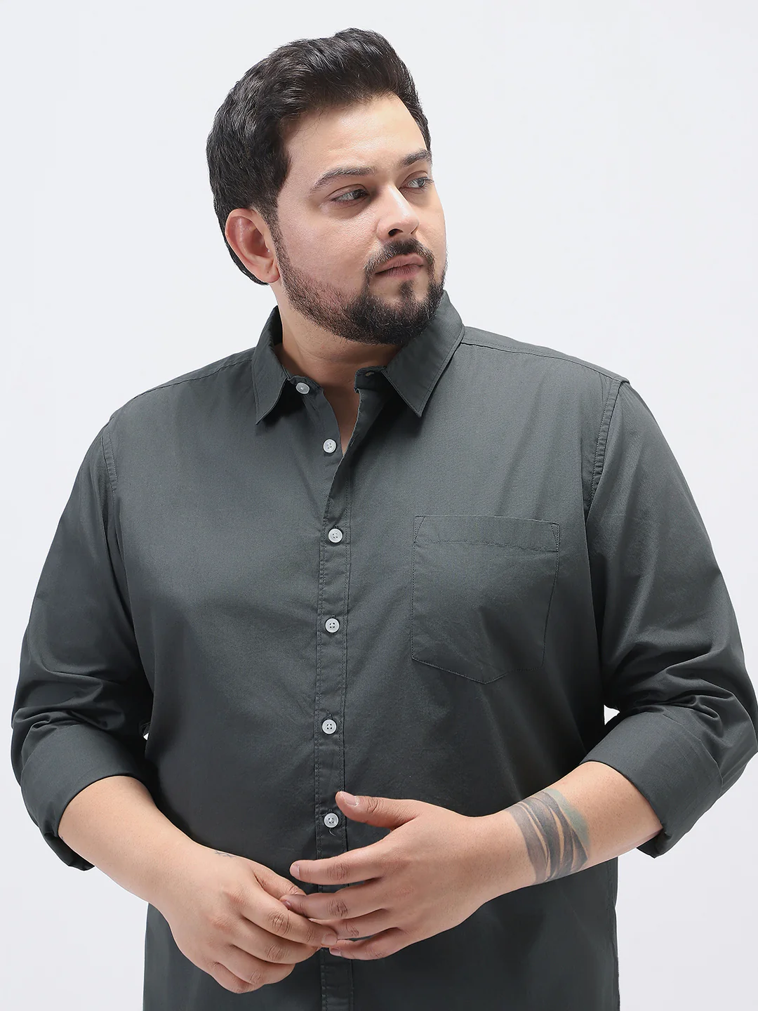 Plus Men's Dark Grey Cotton Full Sleeve Regular Fit Casual Solid Shirt - Image 5