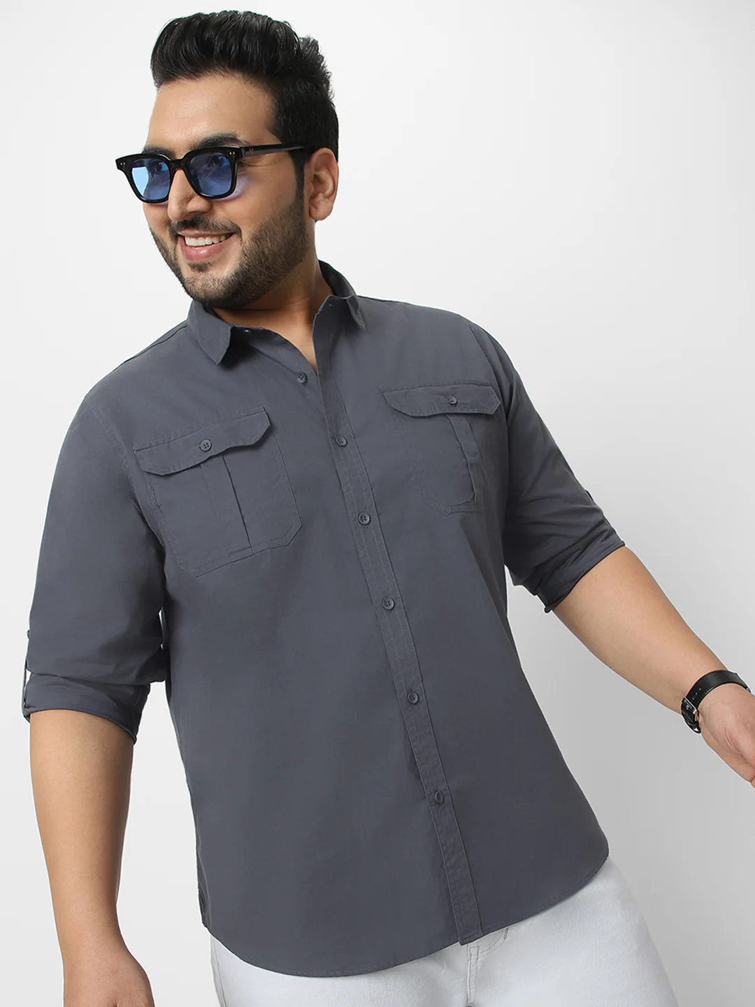 Men's Dark Grey Cotton Full Sleeve Regular Fit Casual Solid Shirt - Image 2