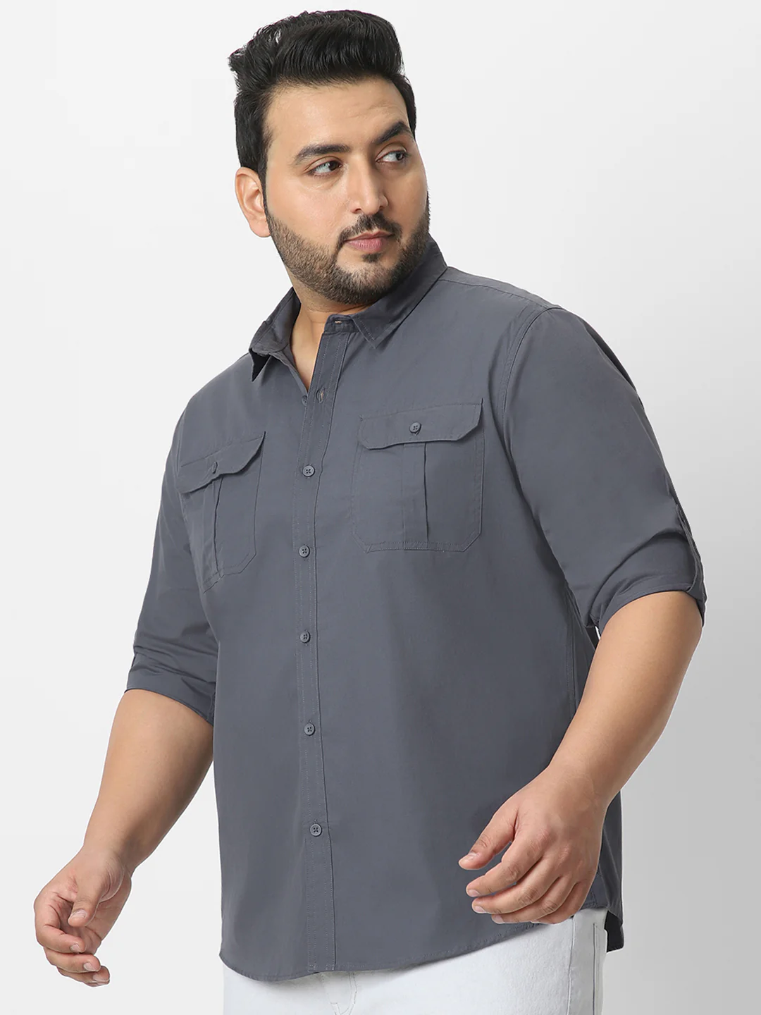 Men's Dark Grey Cotton Full Sleeve Regular Fit Casual Solid Shirt - Image 3