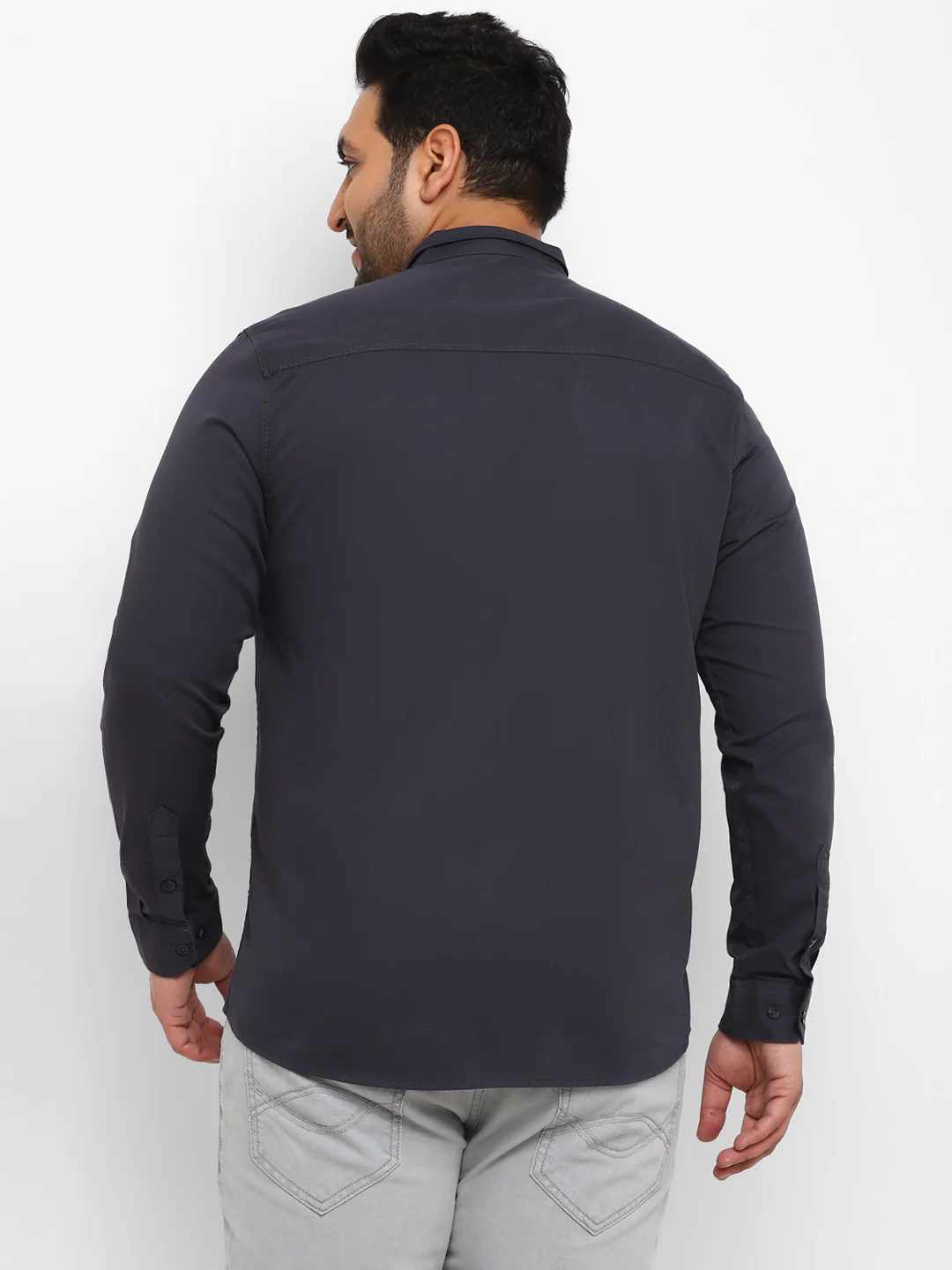 Plus Men's Dark Grey Cotton Full Sleeve Regular Fit Casual Solid Shirt with Mandarin Collar - Image 3